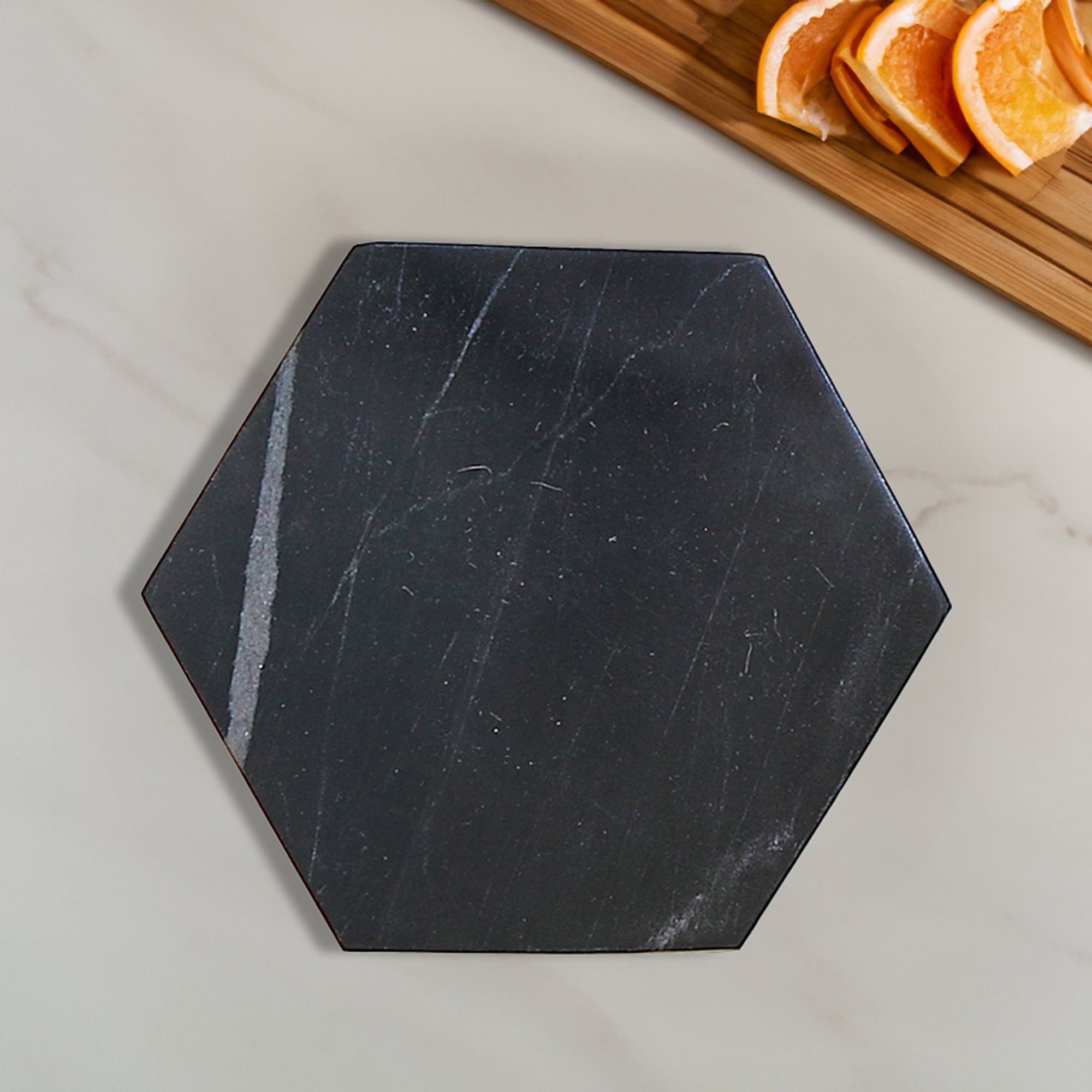 4-Piece Marble Hexagon Coaster 4"x4" Black – Drink Protection, Table Decor