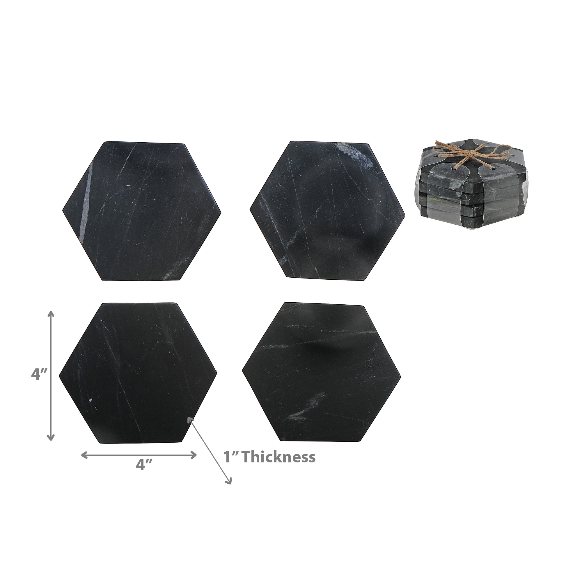 4-Piece Marble Hexagon Coaster 4"x4" Black – Drink Protection, Table Decor