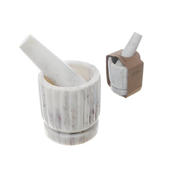 Marble Mortar & Pestle With Straight Lines White