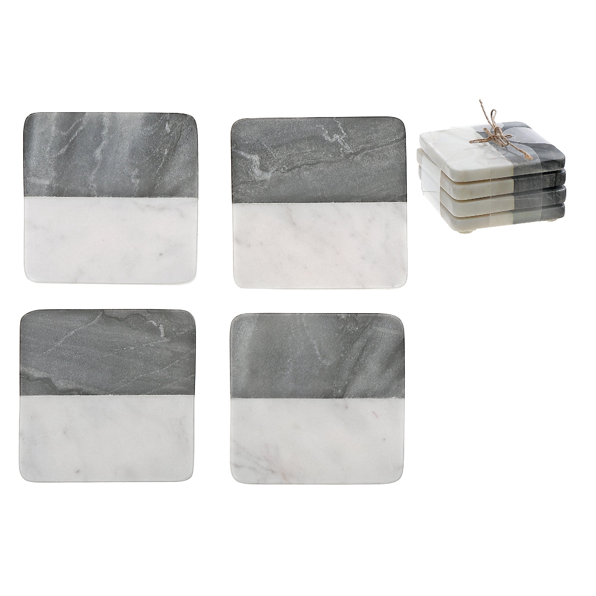 2-Tone 4-Piece Marble Square Coaster 4"x4" Black & White – Drink Protection, Table Decor