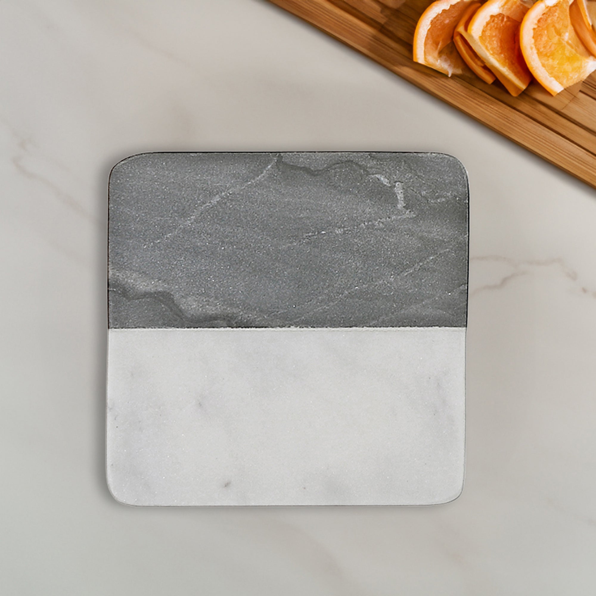 2-Tone 4-Piece Marble Square Coaster 4"x4" Black & White – Drink Protection, Table Decor