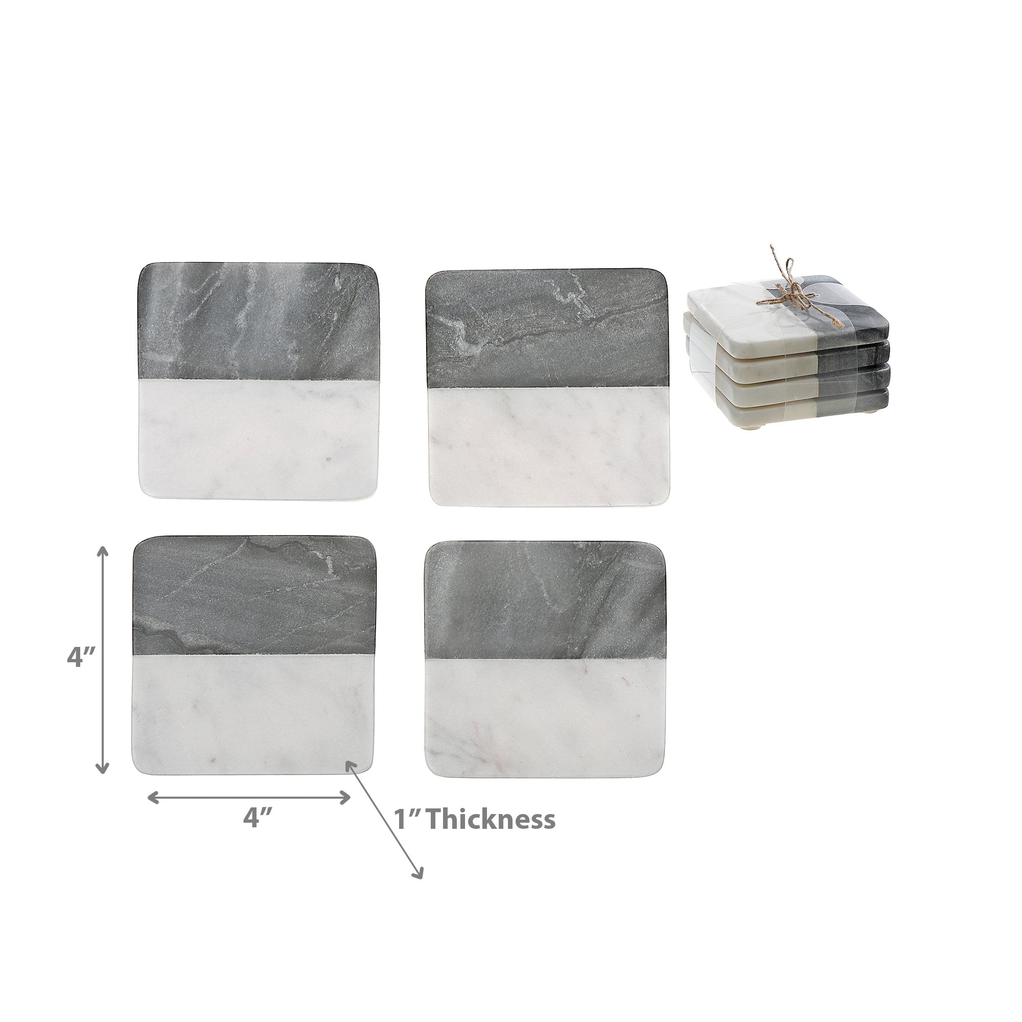 2-Tone 4-Piece Marble Square Coaster 4"x4" Black & White – Drink Protection, Table Decor