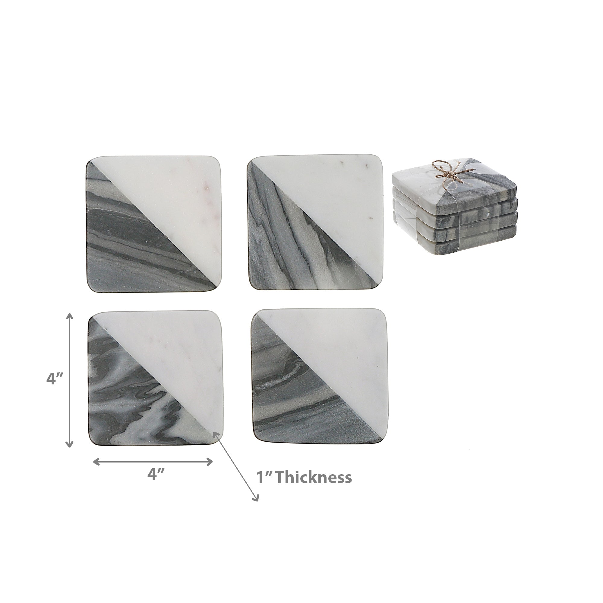 2-Tone Diagonal 4-Piece Marble Square Coaster 4"x4" Black & White – Drink Protection, Table Decor