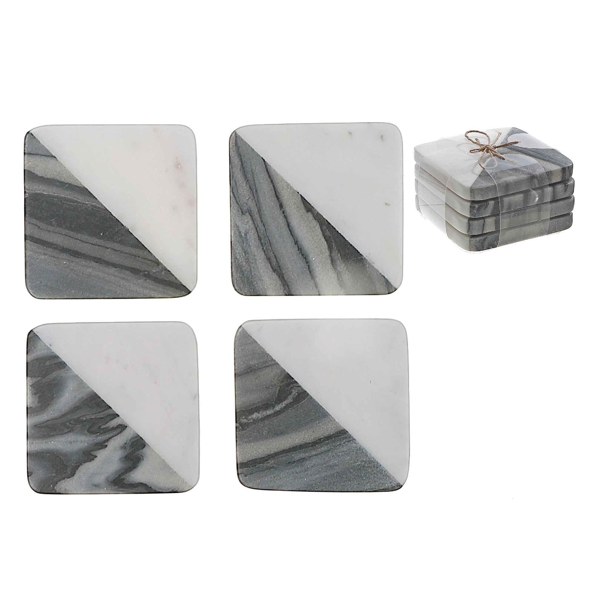 2-Tone Diagonal 4-Piece Marble Square Coaster 4"x4" Black & White – Drink Protection, Table Decor