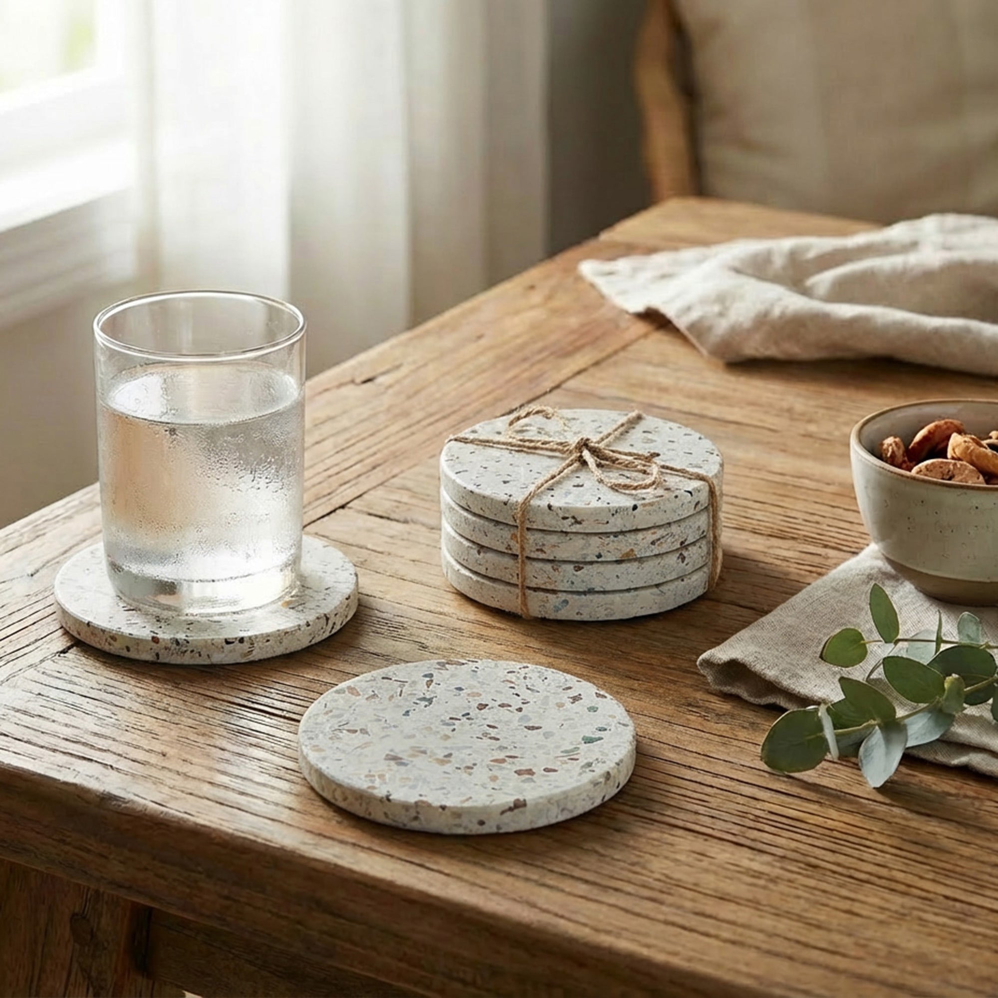 Set of 4 Cream Speckled Terrazzo Round Coasters, 4" Diameter