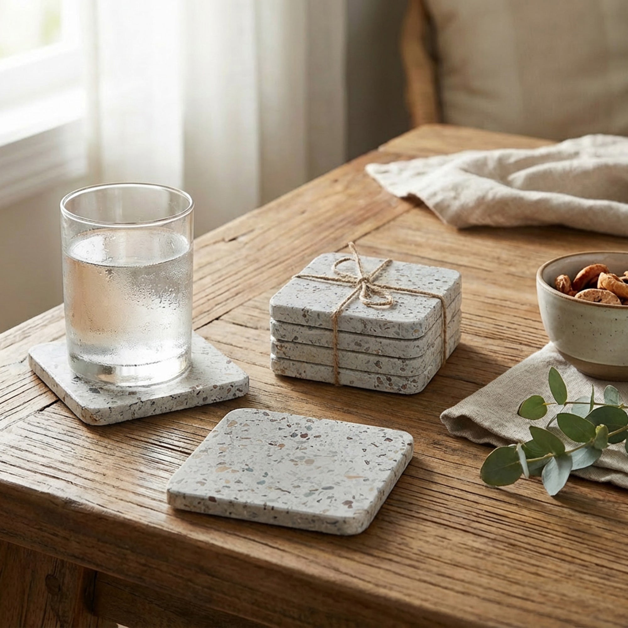 Set of 4 Cream Speckled Terrazzo Square Coasters, 4" x 4"