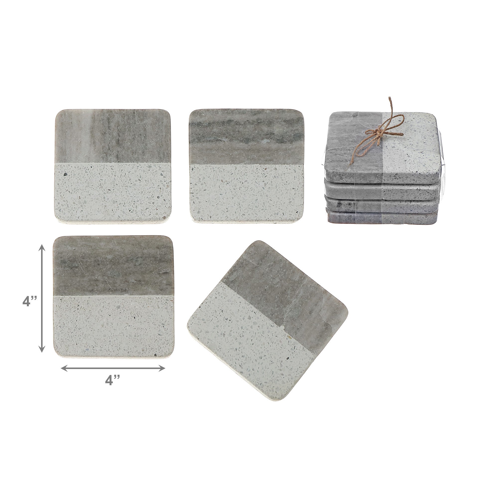 Set of 4 Two-Tone Beige Marble & Speckled Terrazzo Square Coasters, 4" x 4"