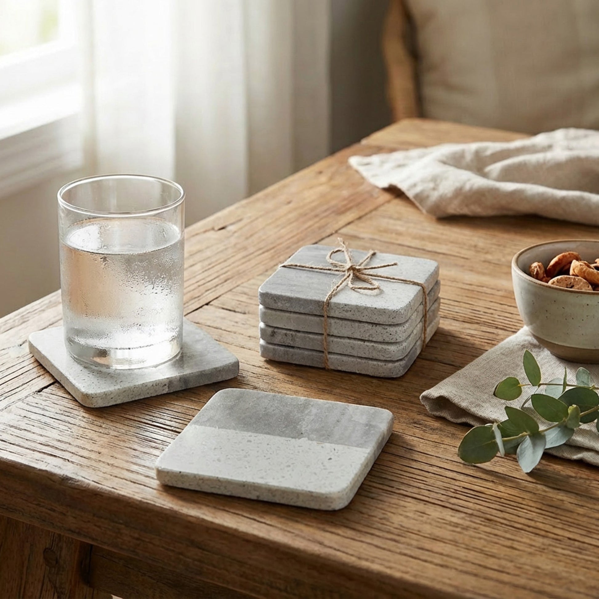 Set of 4 Two-Tone Beige Marble & Speckled Terrazzo Square Coasters, 4" x 4"