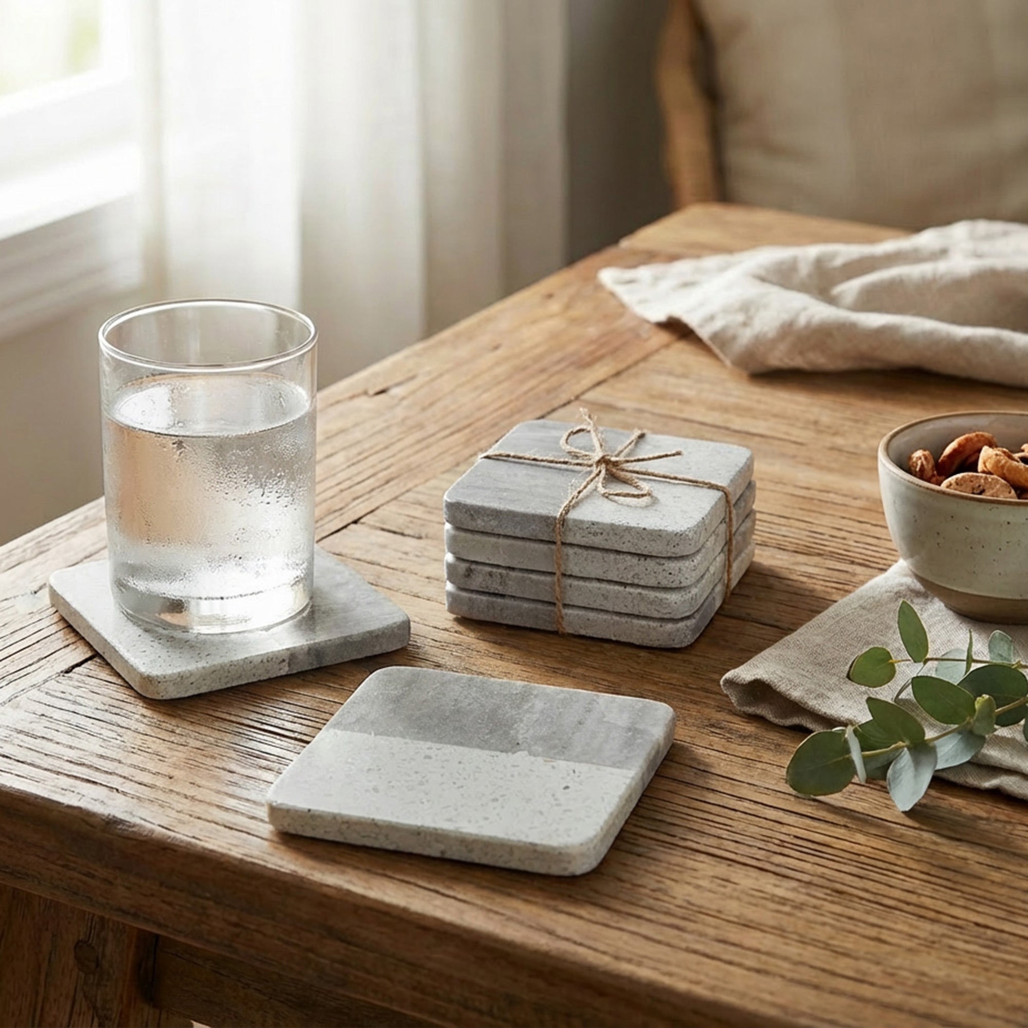 Set of 4 Two-Tone Beige Marble & Speckled Terrazzo Square Coasters, 4" x 4"