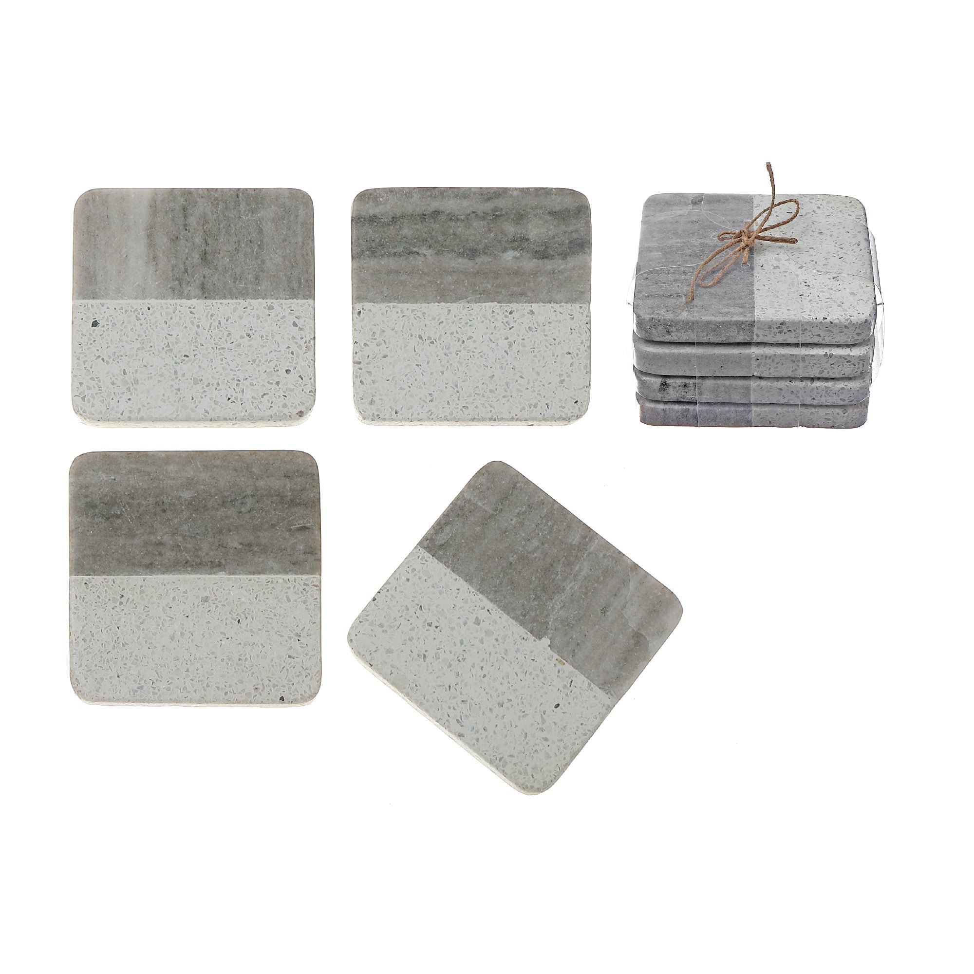 Set of 4 Two-Tone Beige Marble & Speckled Terrazzo Square Coasters, 4" x 4"