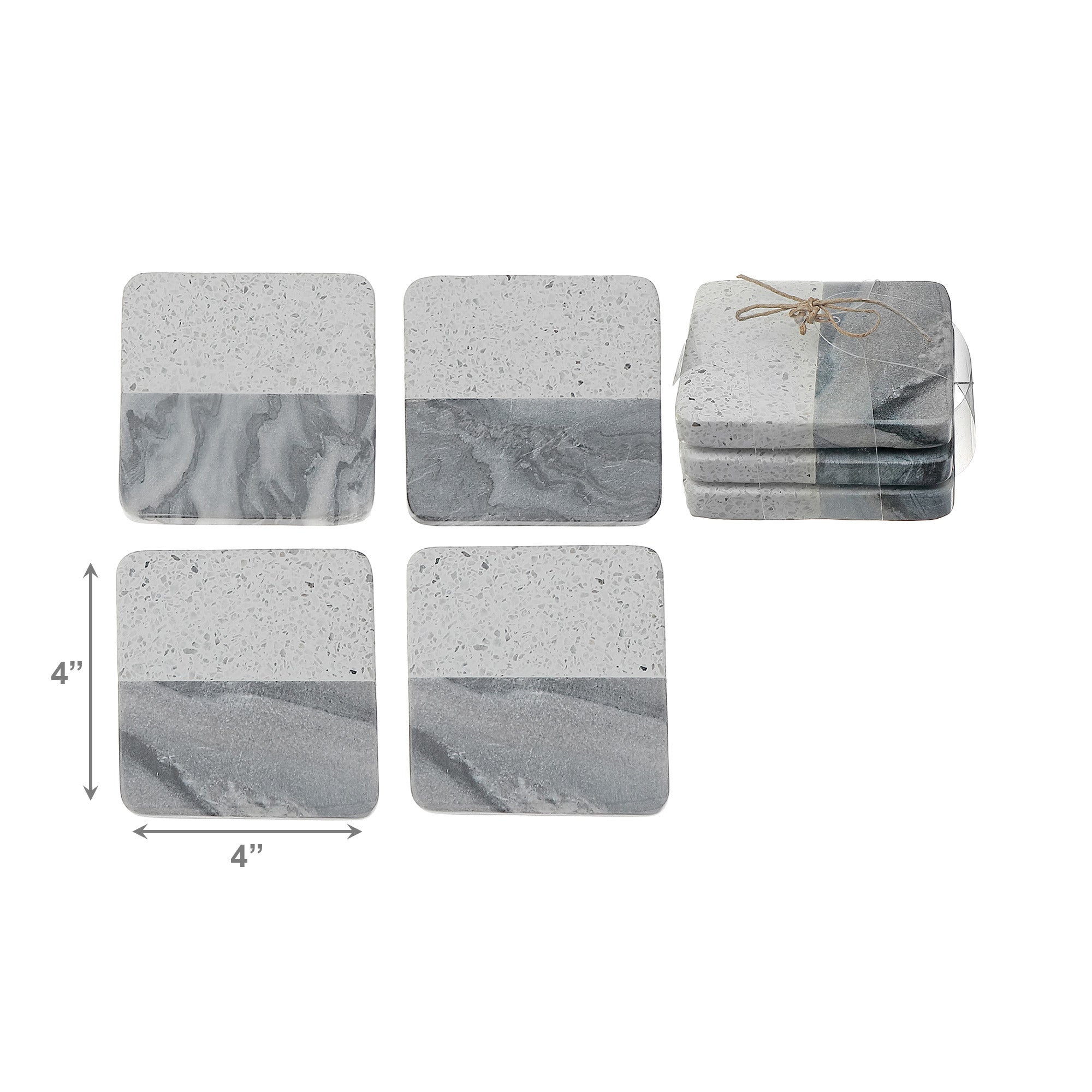 Set of 4 Two-Tone Grey Marble & Speckled Terrazzo Square Coasters, 4" x 4"
