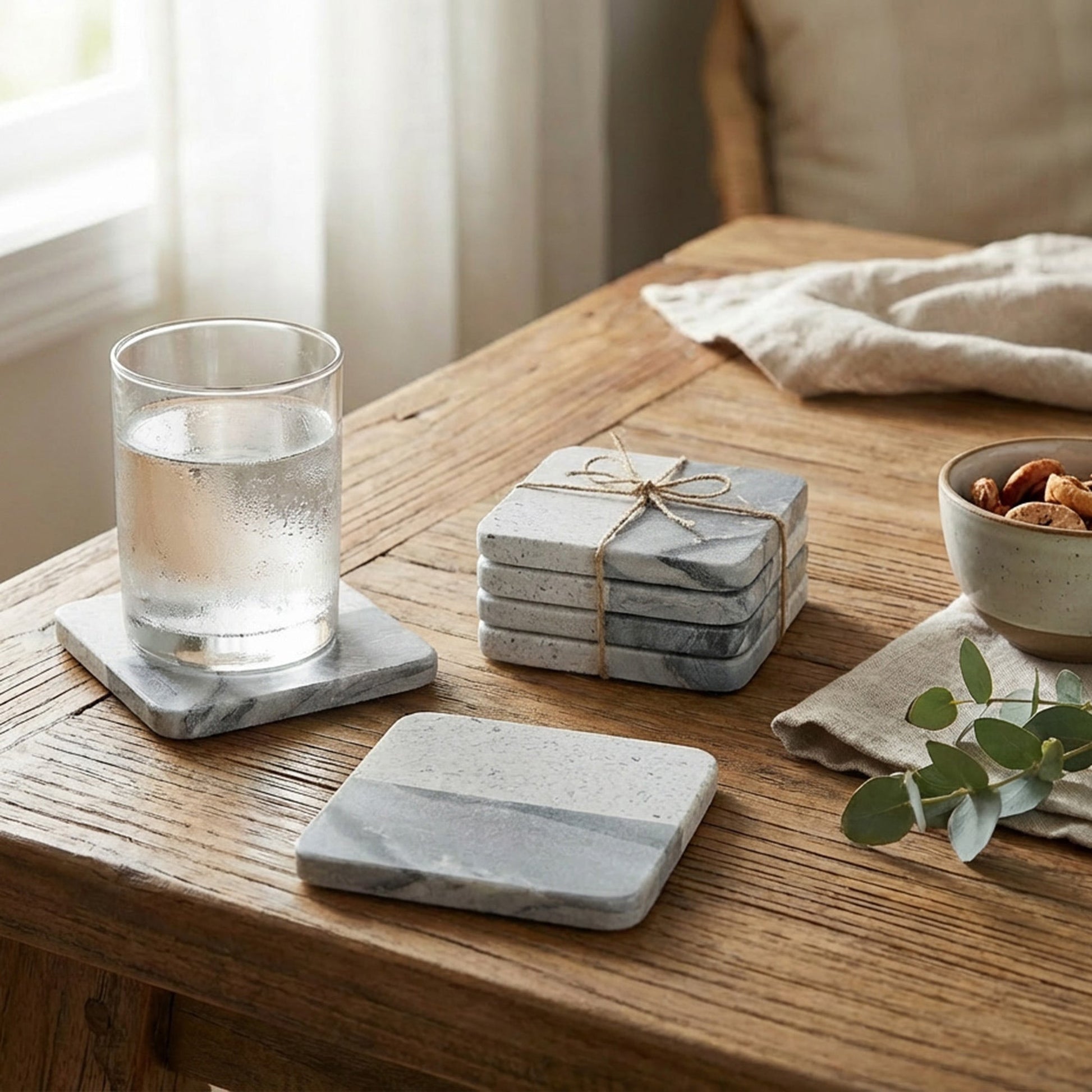 Set of 4 Two-Tone Grey Marble & Speckled Terrazzo Square Coasters, 4" x 4"