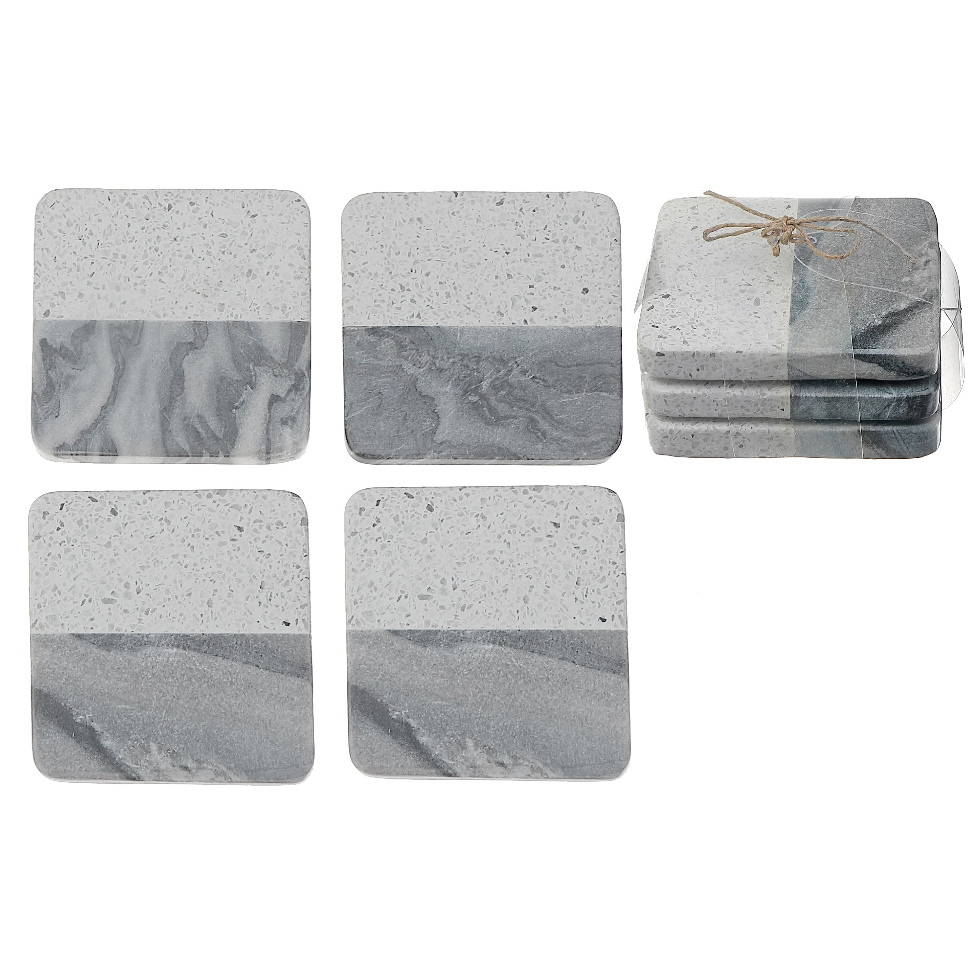 Set of 4 Two-Tone Grey Marble & Speckled Terrazzo Square Coasters, 4" x 4"