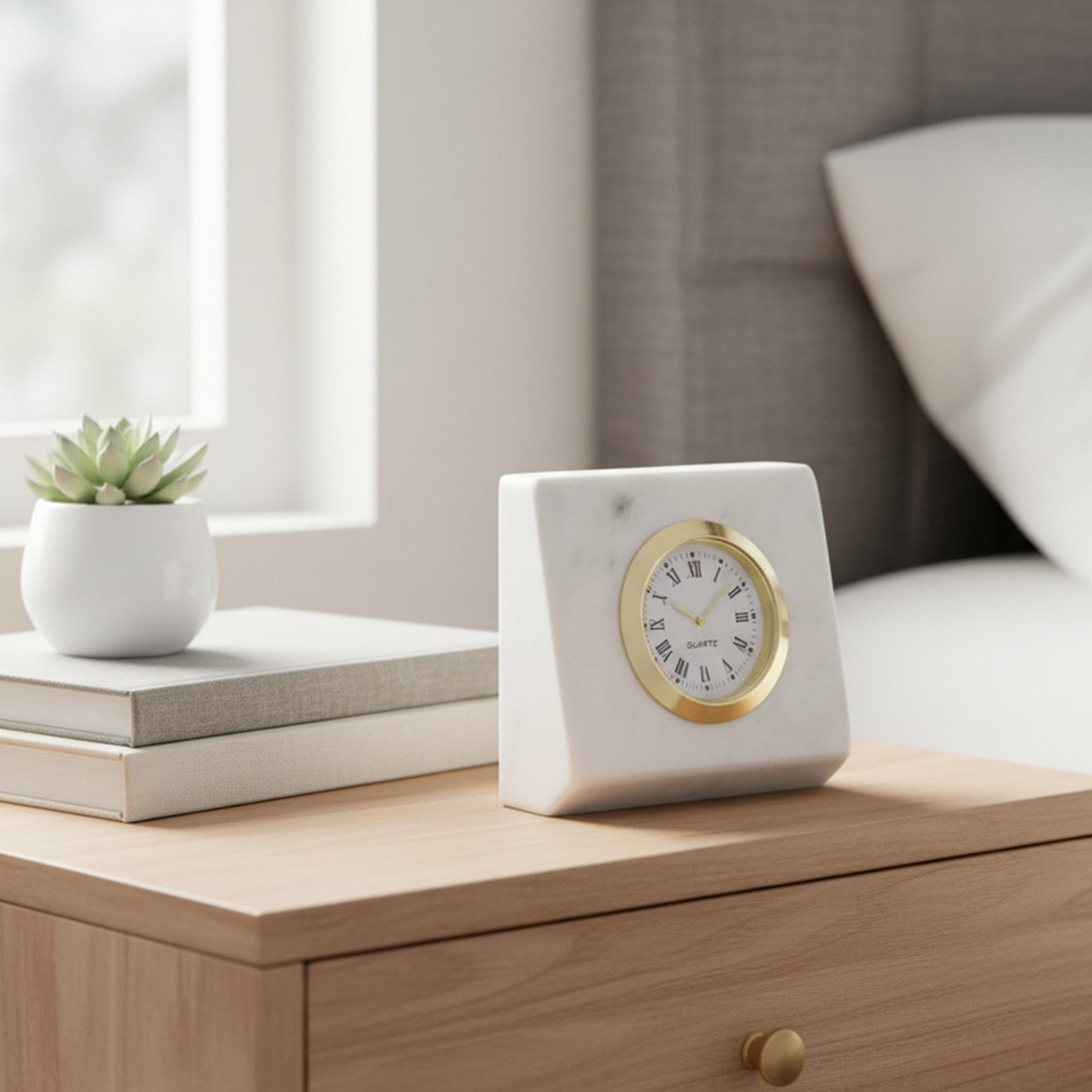White Marble Rectangular Table Clock with Nickel Finish