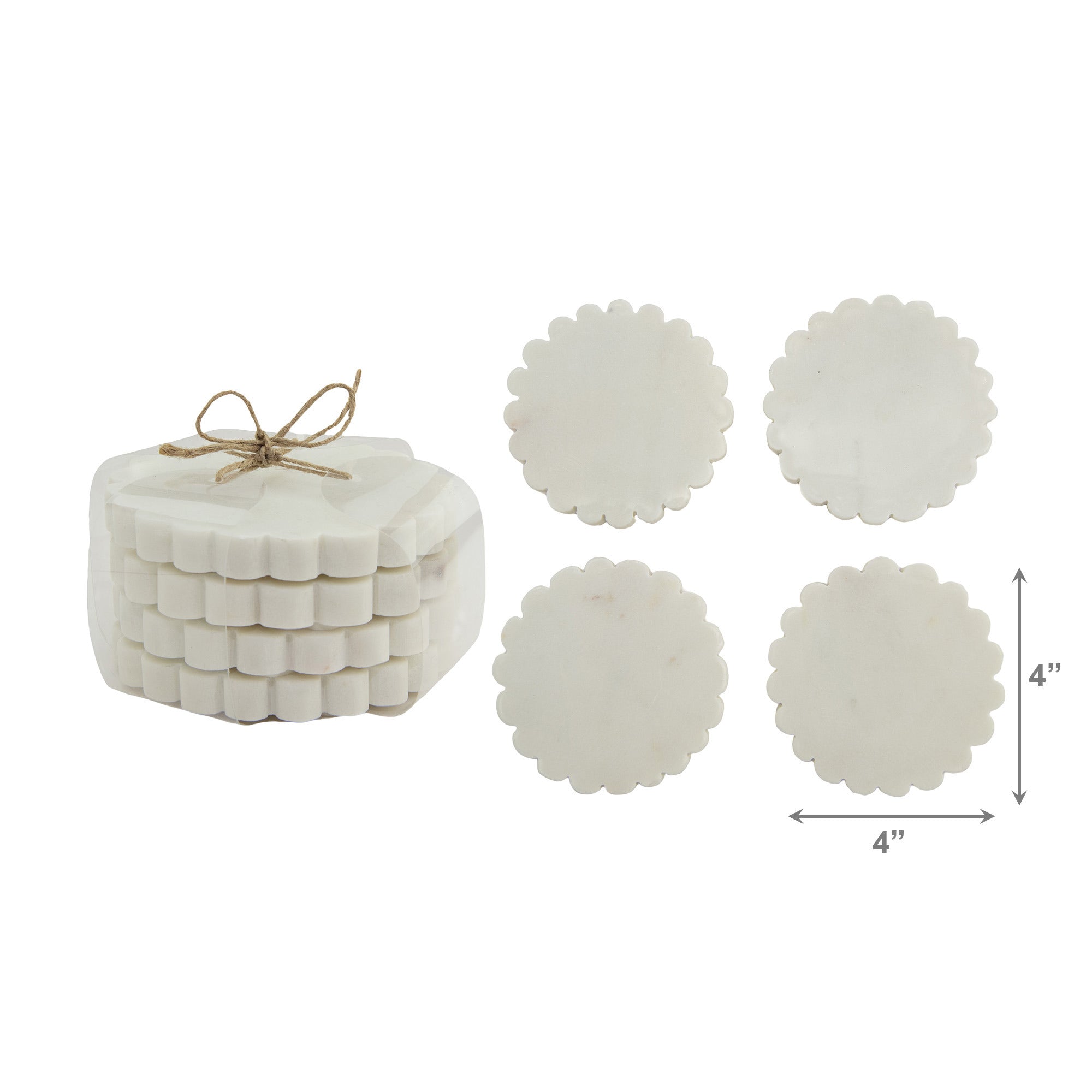 Set of 4 White Marble Scalloped Edge Round Coasters, 4" Diameter