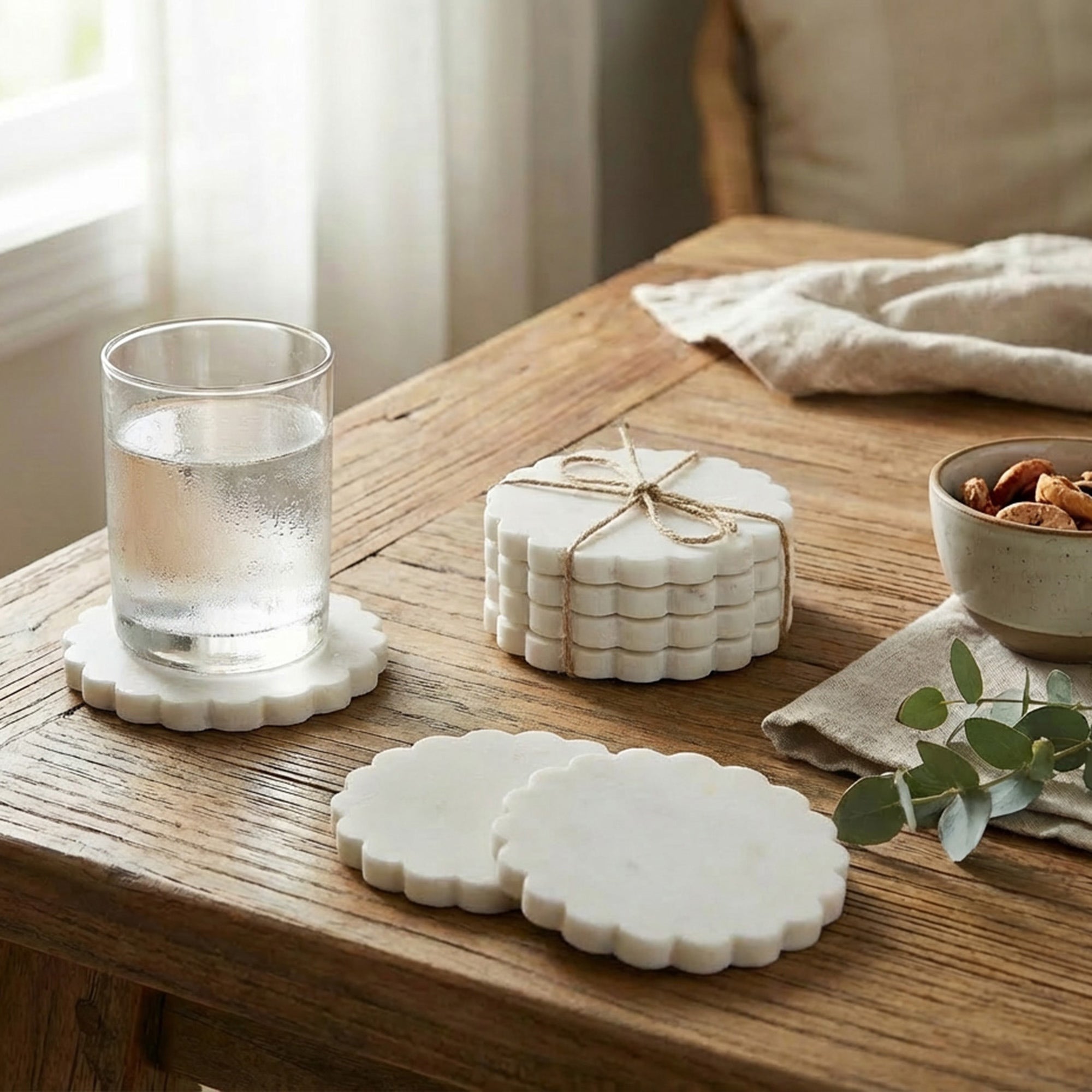 Set of 4 White Marble Scalloped Edge Round Coasters, 4" Diameter
