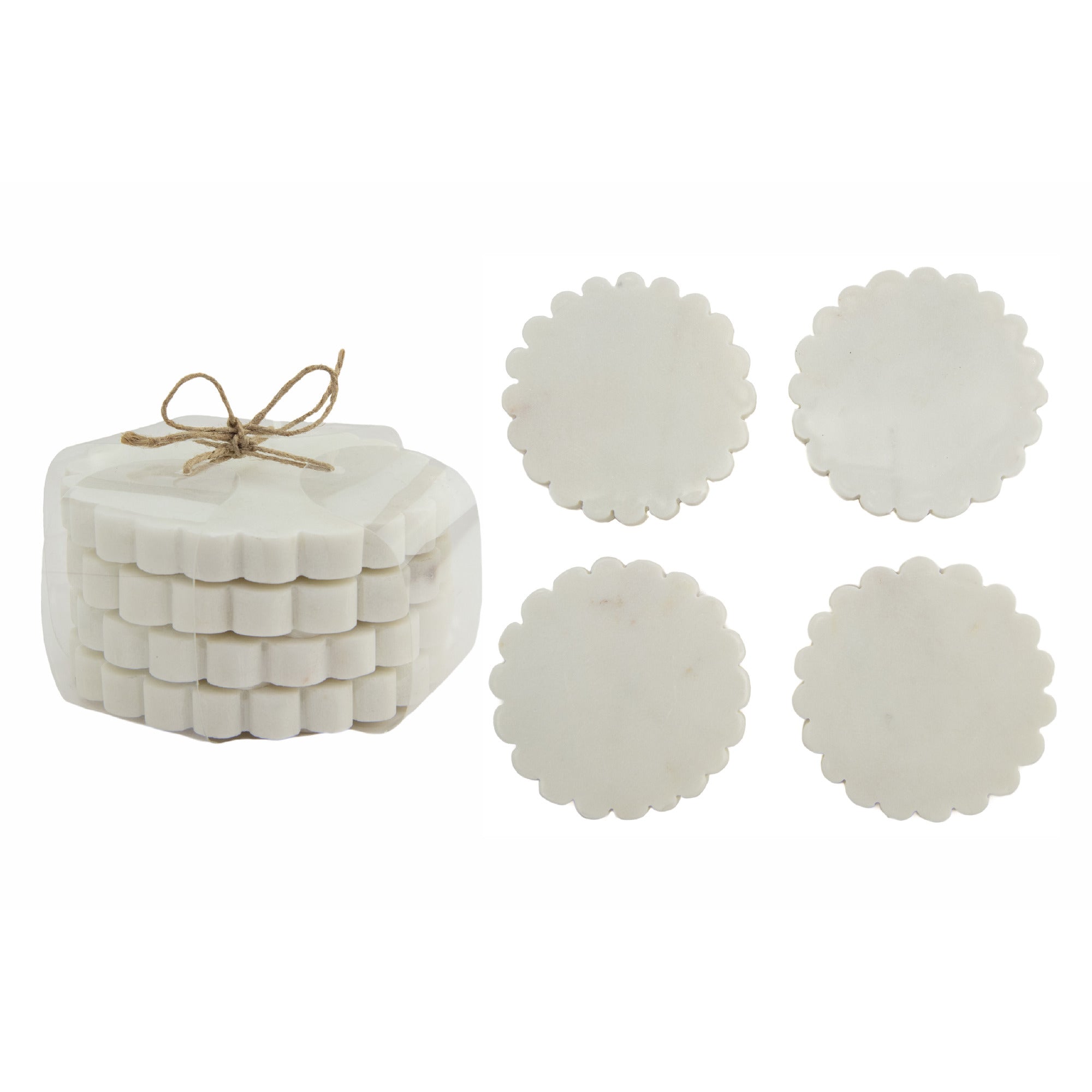Set of 4 White Marble Scalloped Edge Round Coasters, 4" Diameter