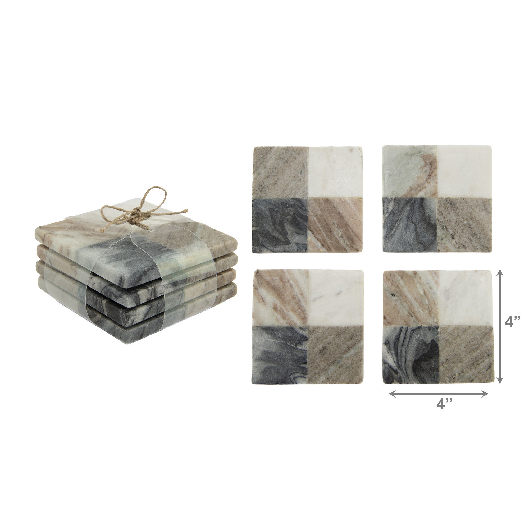 Set of 4 Assorted White Marble Square Coasters, 4" x 4"