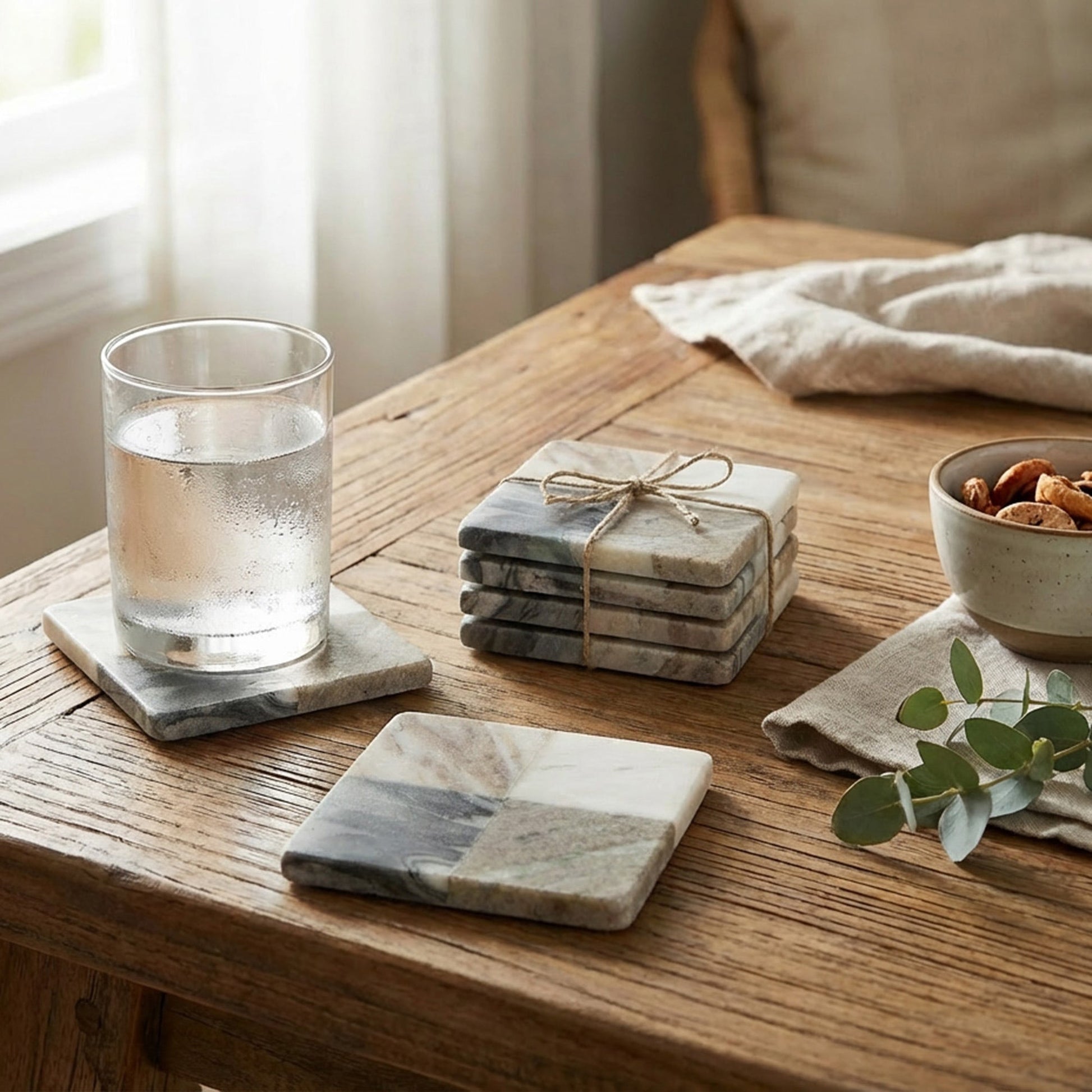 Set of 4 Assorted White Marble Square Coasters, 4" x 4"