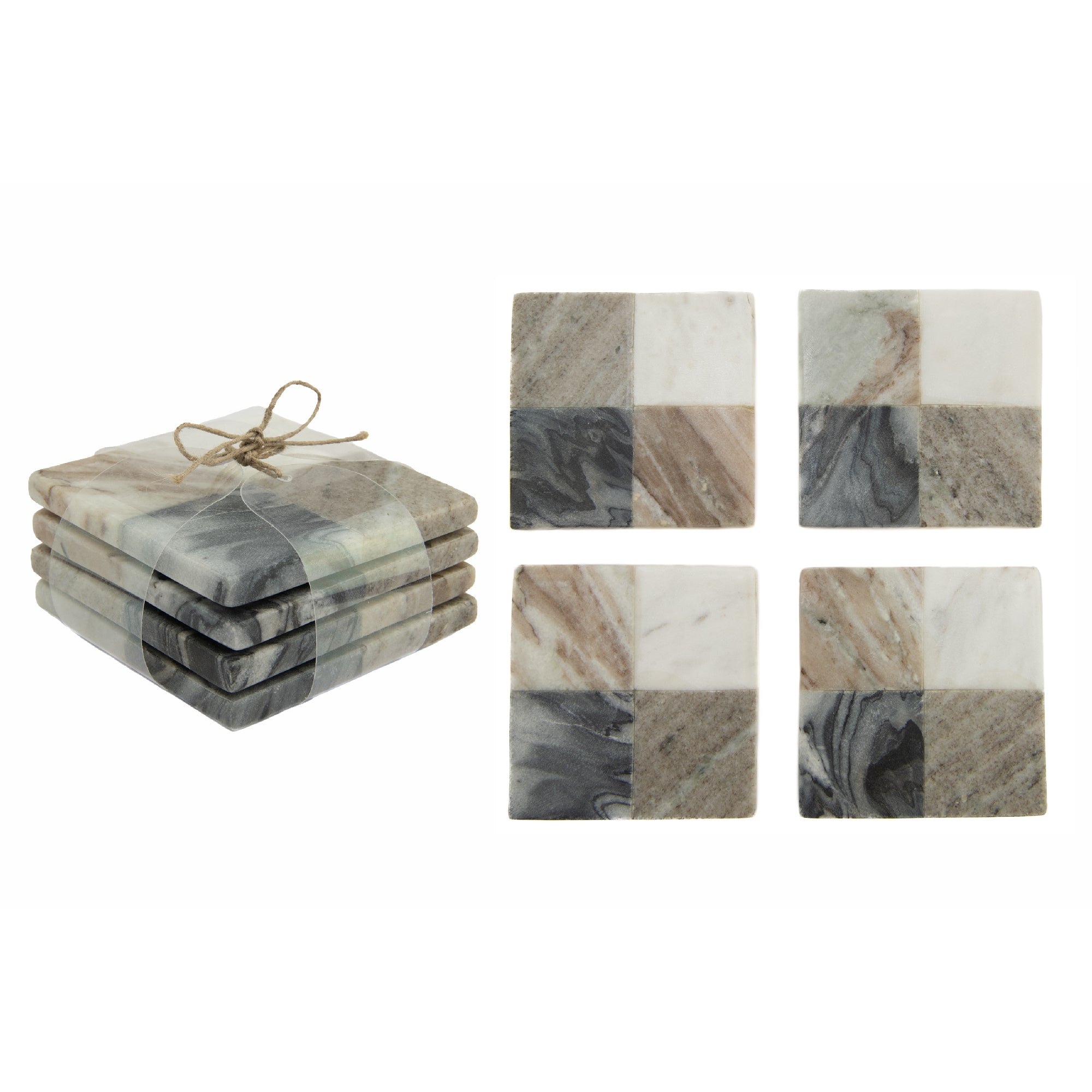 Set of 4 Assorted White Marble Square Coasters, 4" x 4"