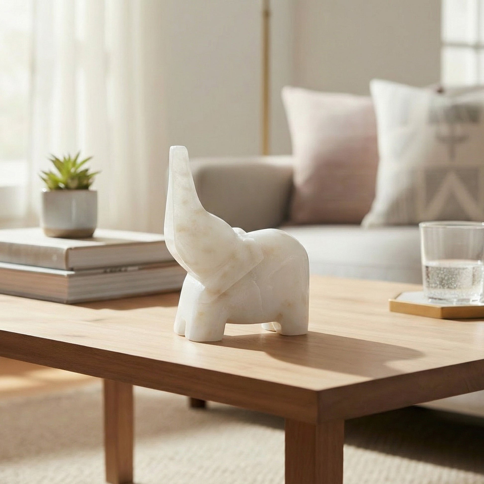 Small White Marble Elephant Figurine Décor