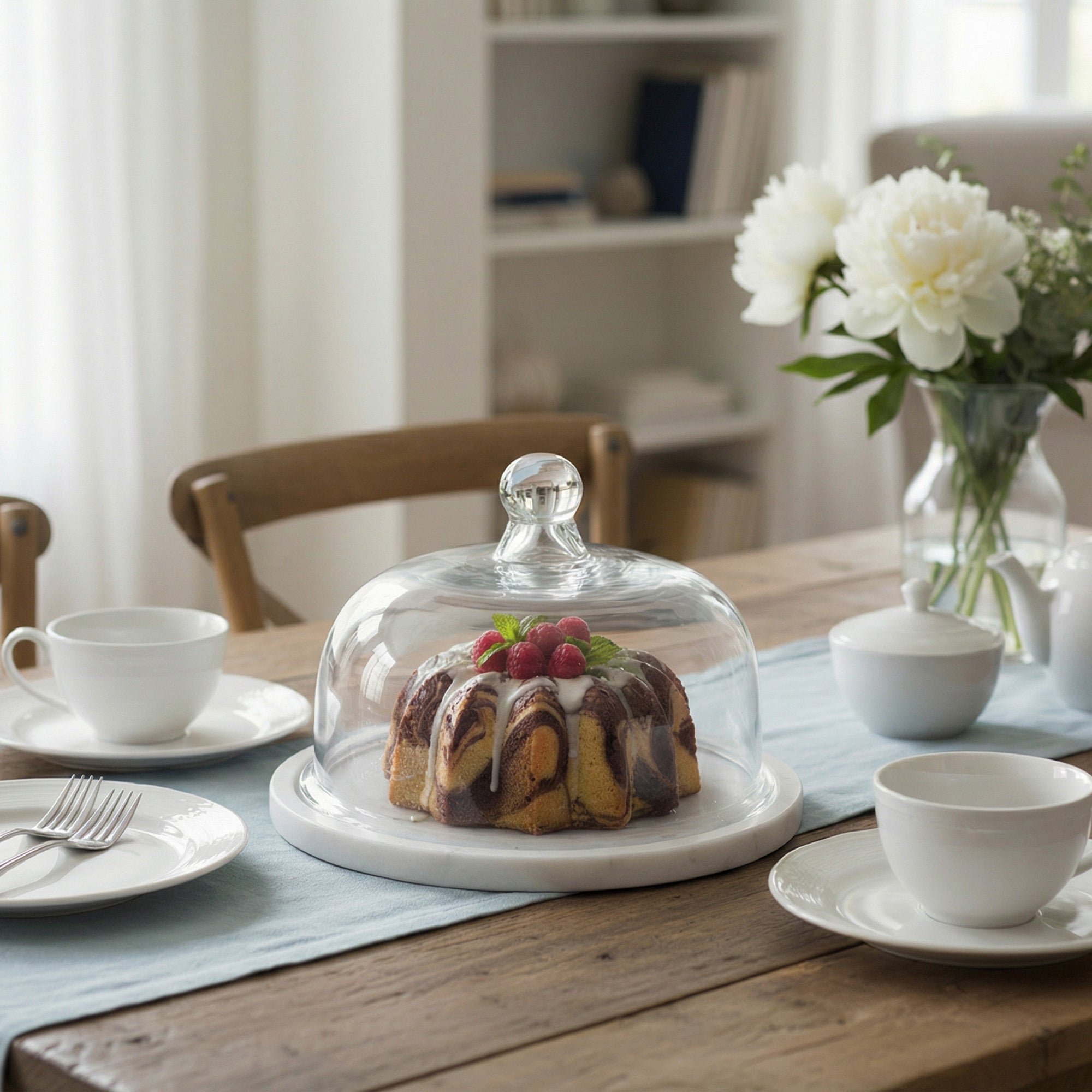 White Marble Cake Dome Cover with Elegant Finish