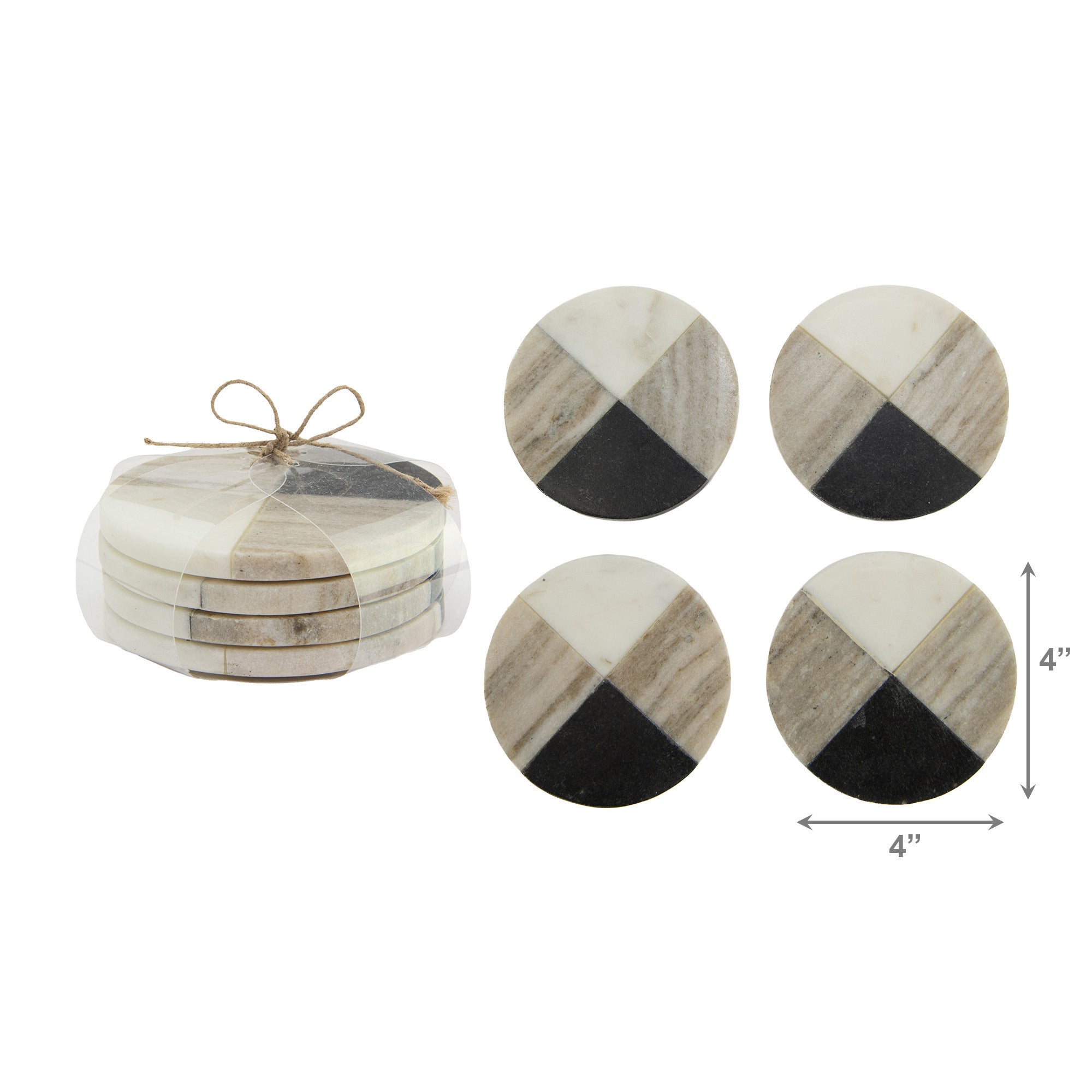 Set of 4 Assorted White Marble Round Coasters, 4" Diameter