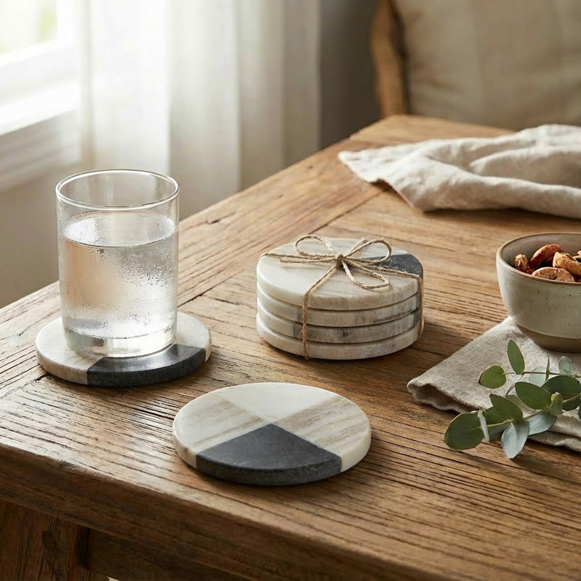 Set of 4 Assorted White Marble Round Coasters, 4" Diameter
