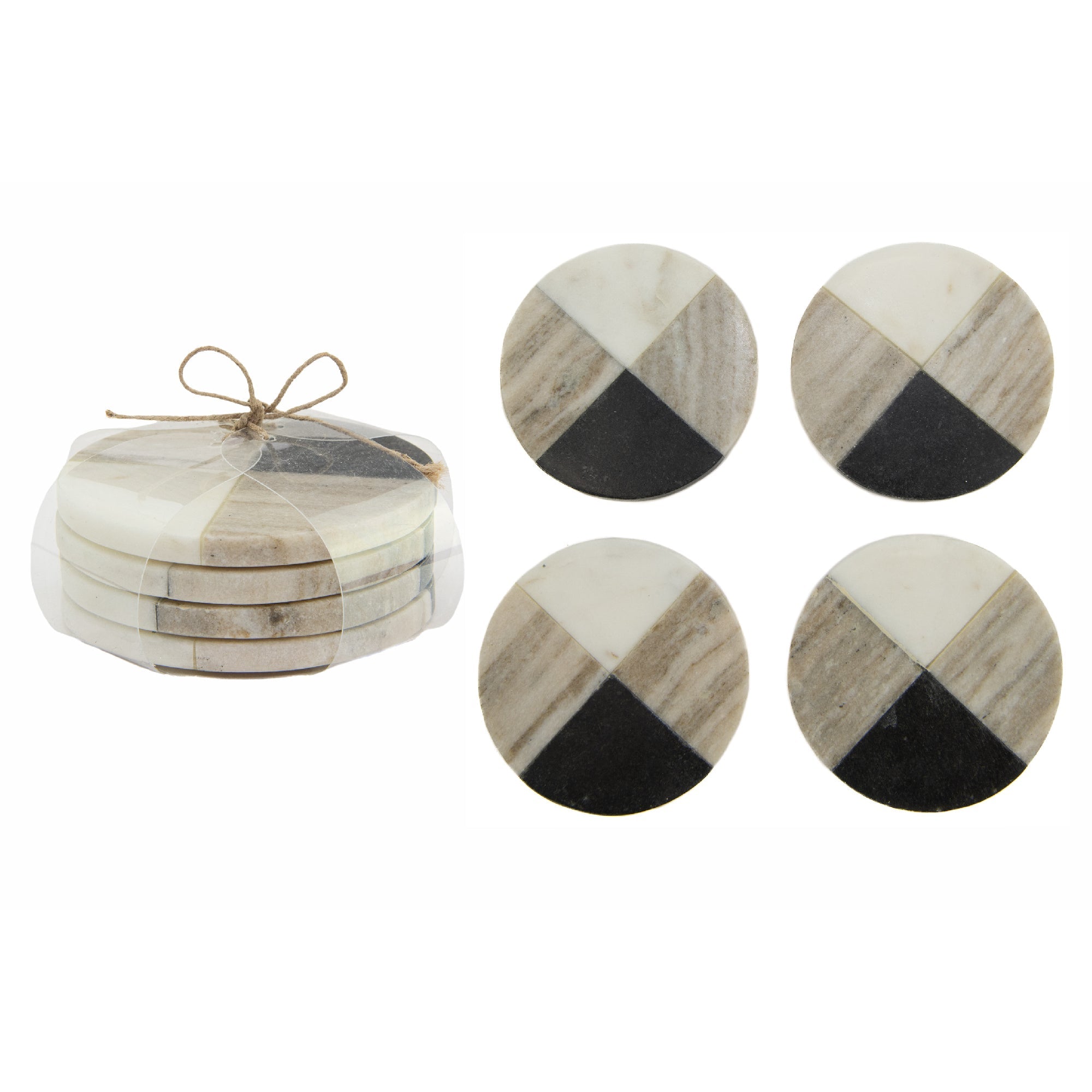 Set of 4 Assorted White Marble Round Coasters, 4" Diameter