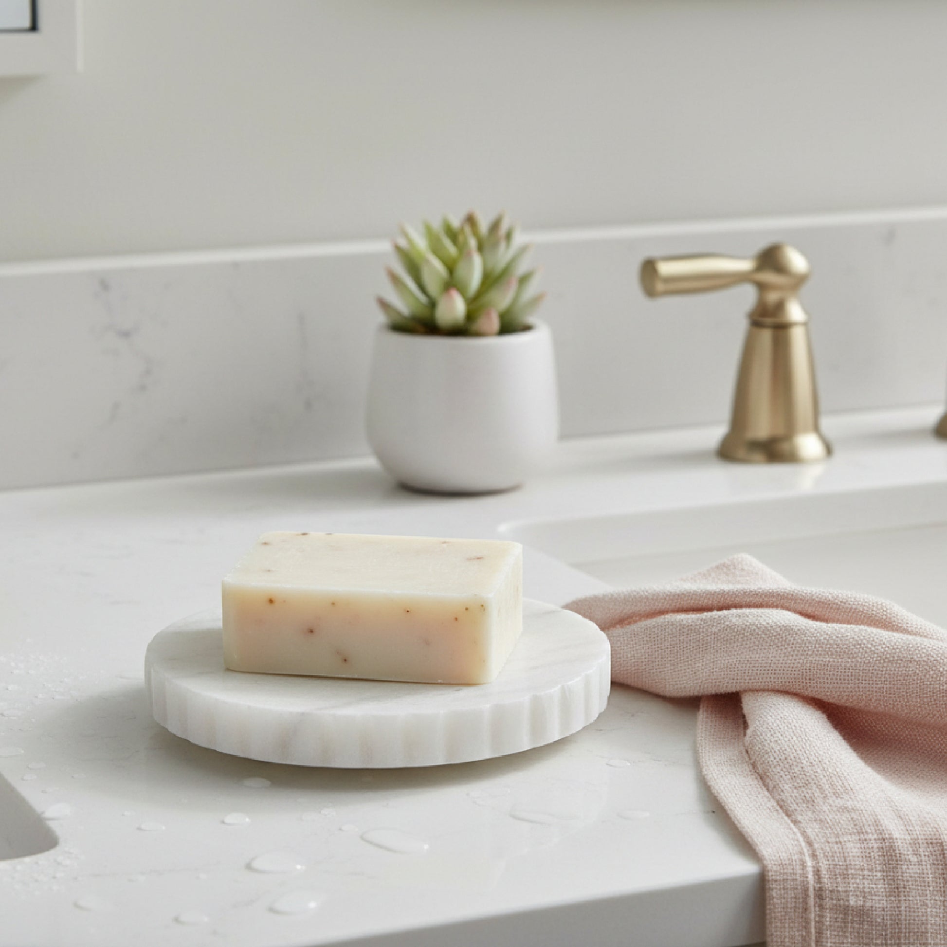 Eleanor White Marble Round Soap Dish with Scalloped Edge