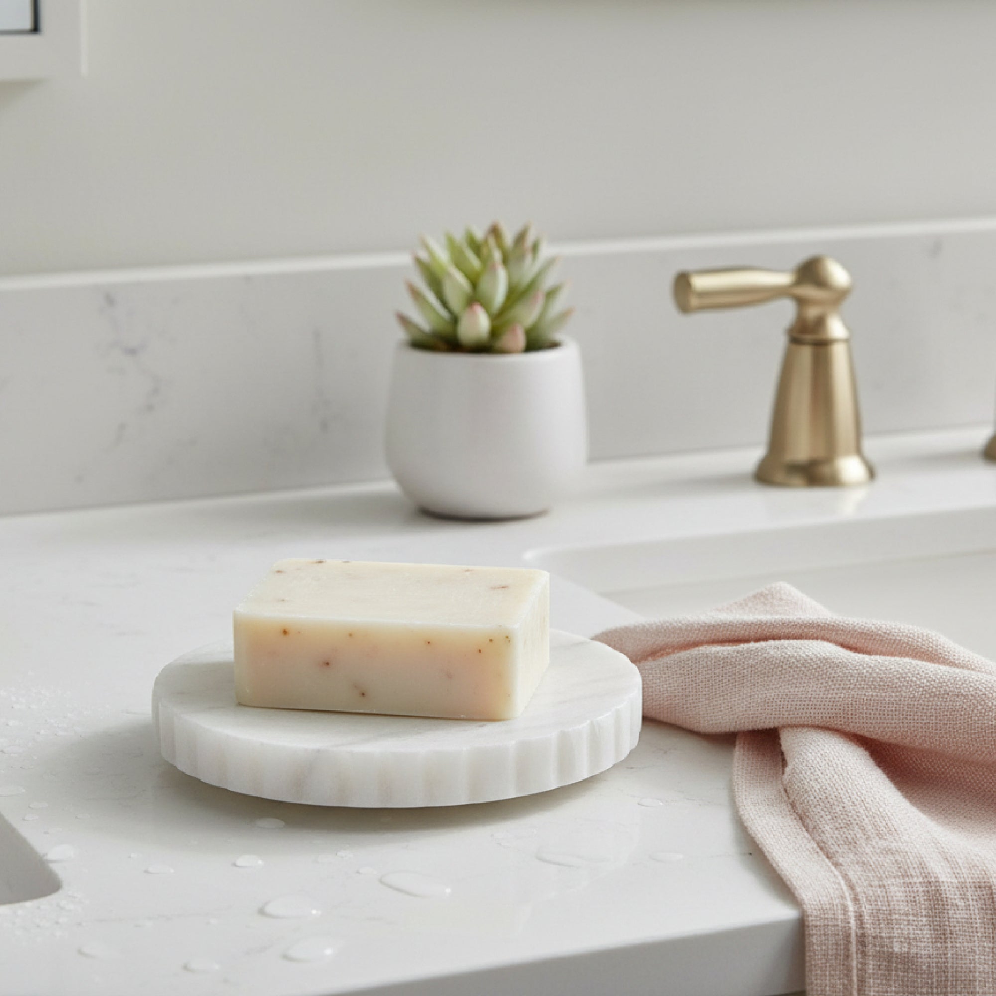 Eleanor White Marble Round Soap Dish with Scalloped Edge