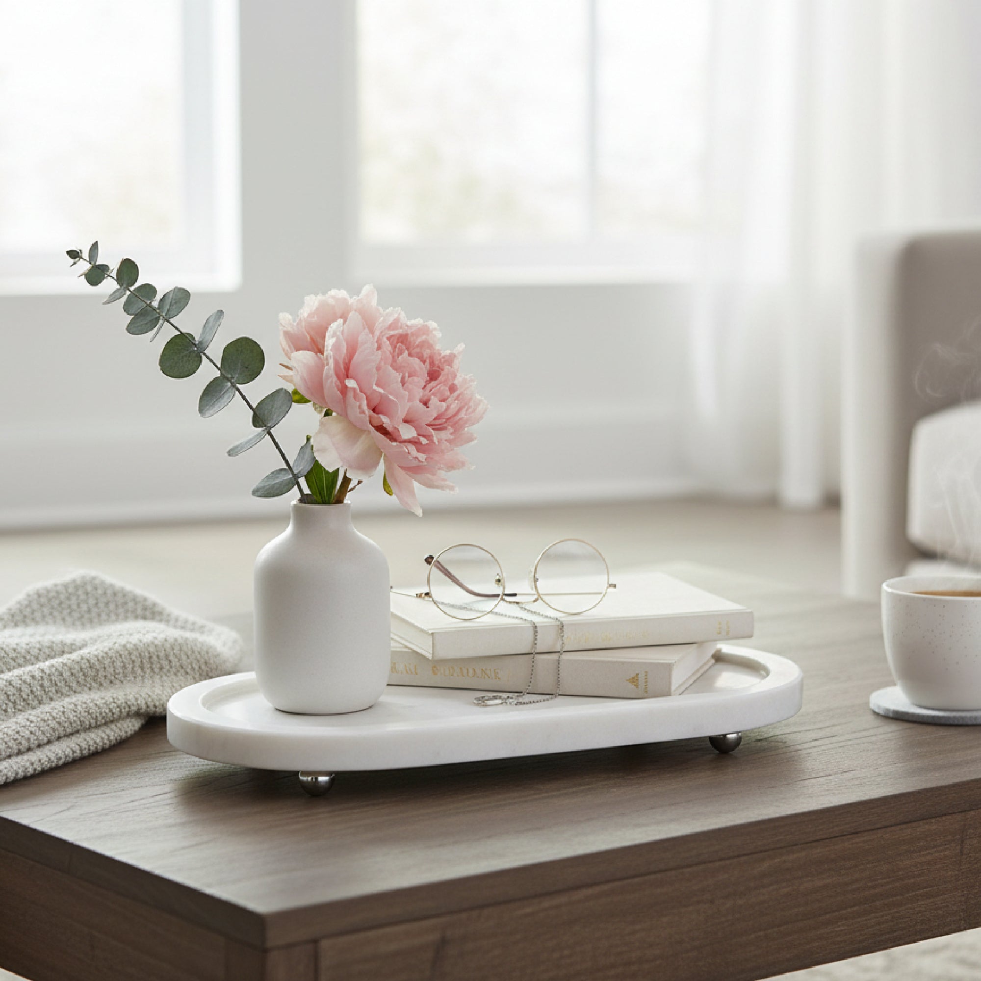 Beatrice White Marble Oval Tray with Stand