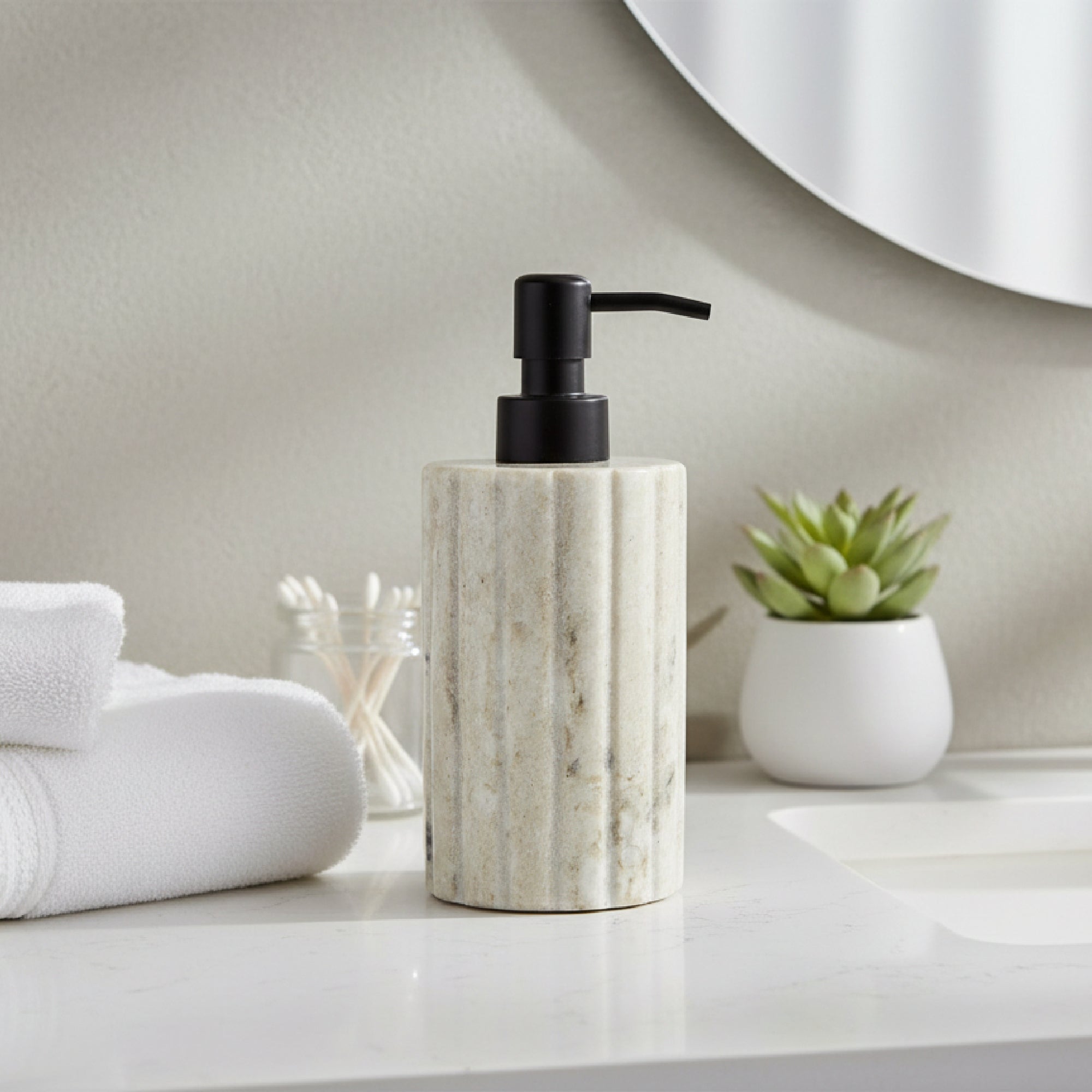 Elise Beige Marble Dispenser with Ribbed Edge and Black Metal Pump