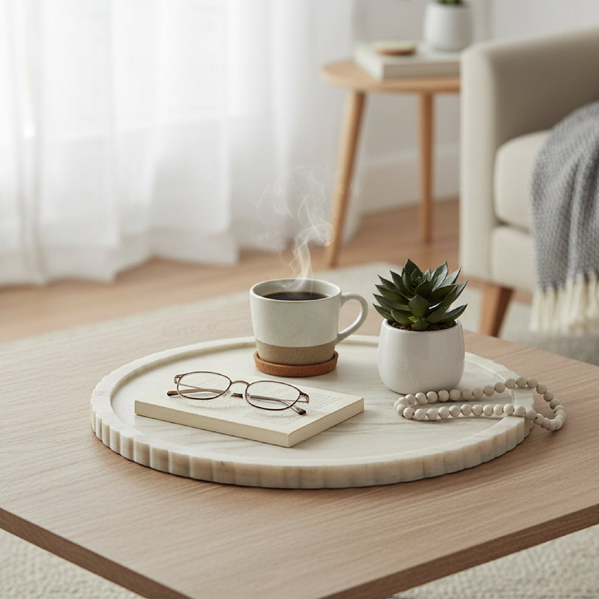 Elise Beige Marble Round Tray with Ribbed Edge