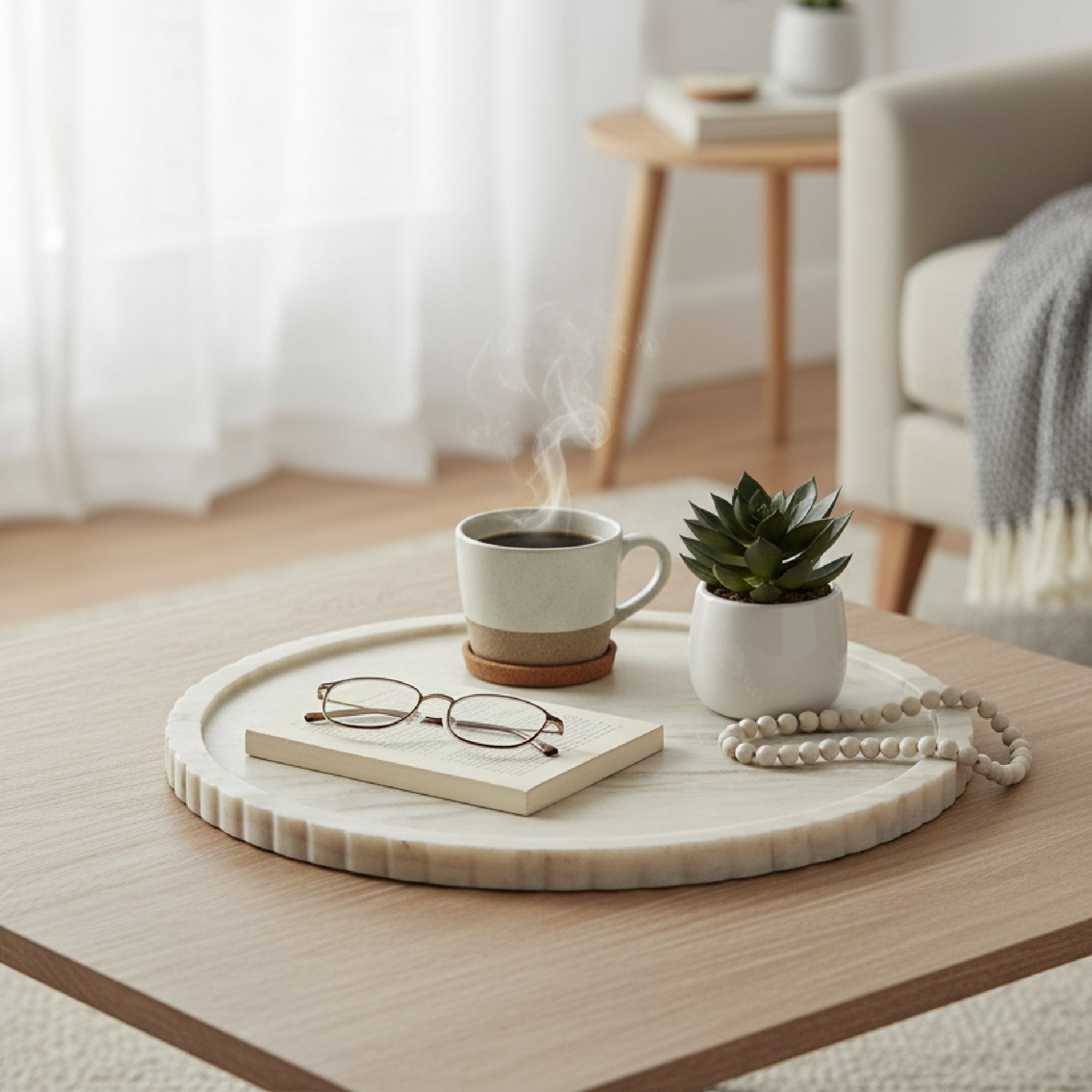 Elise Beige Marble Round Tray with Ribbed Edge