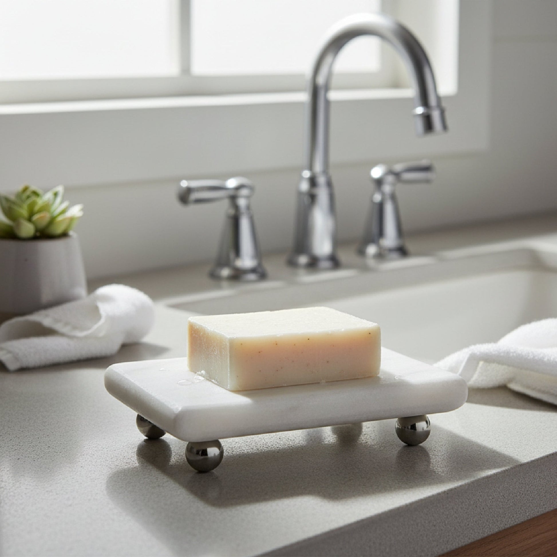 Maeve White Marble Rectangular Soap Dish with Black Metal Feet