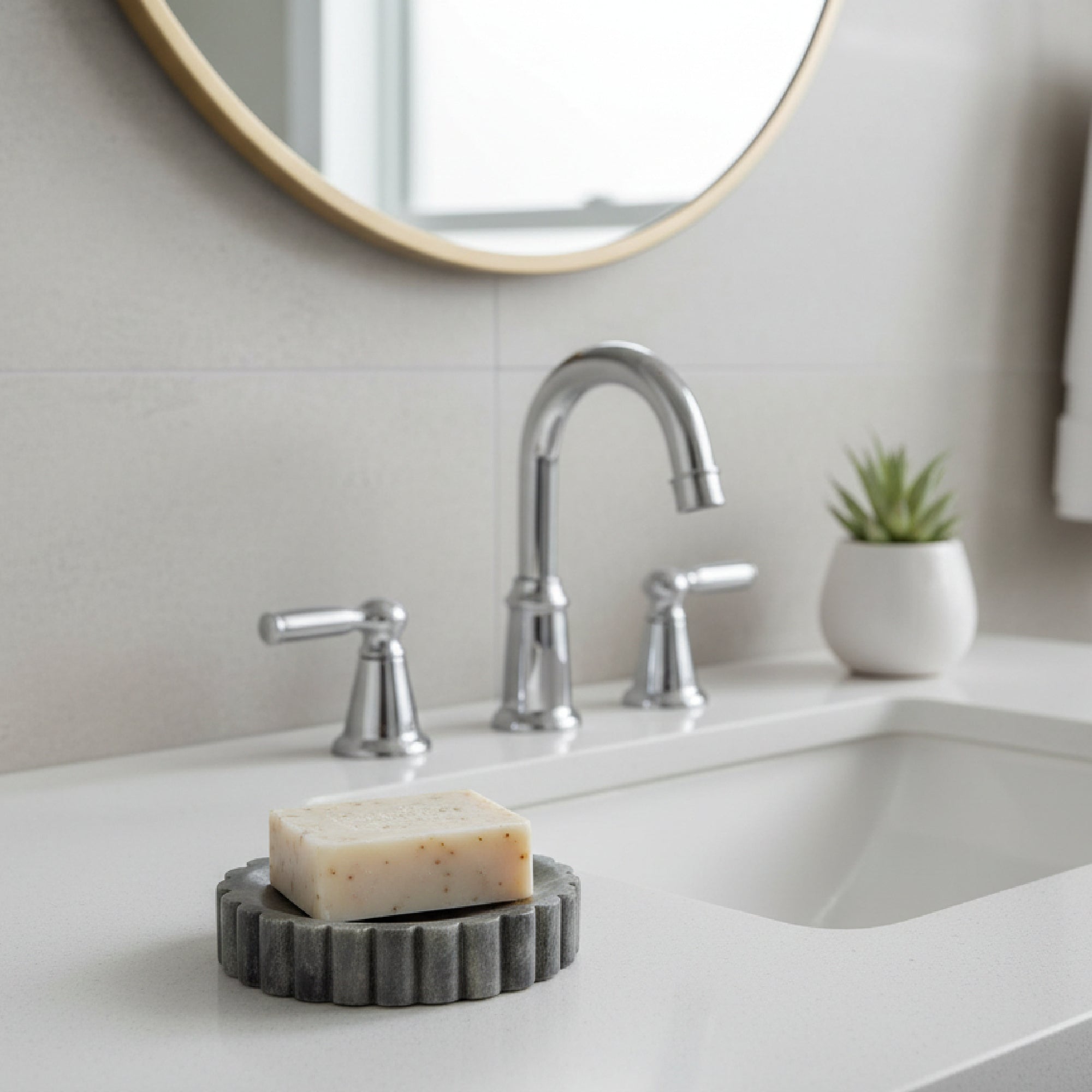 Elora Grey Marble Soap Dish with Ribbed Edge