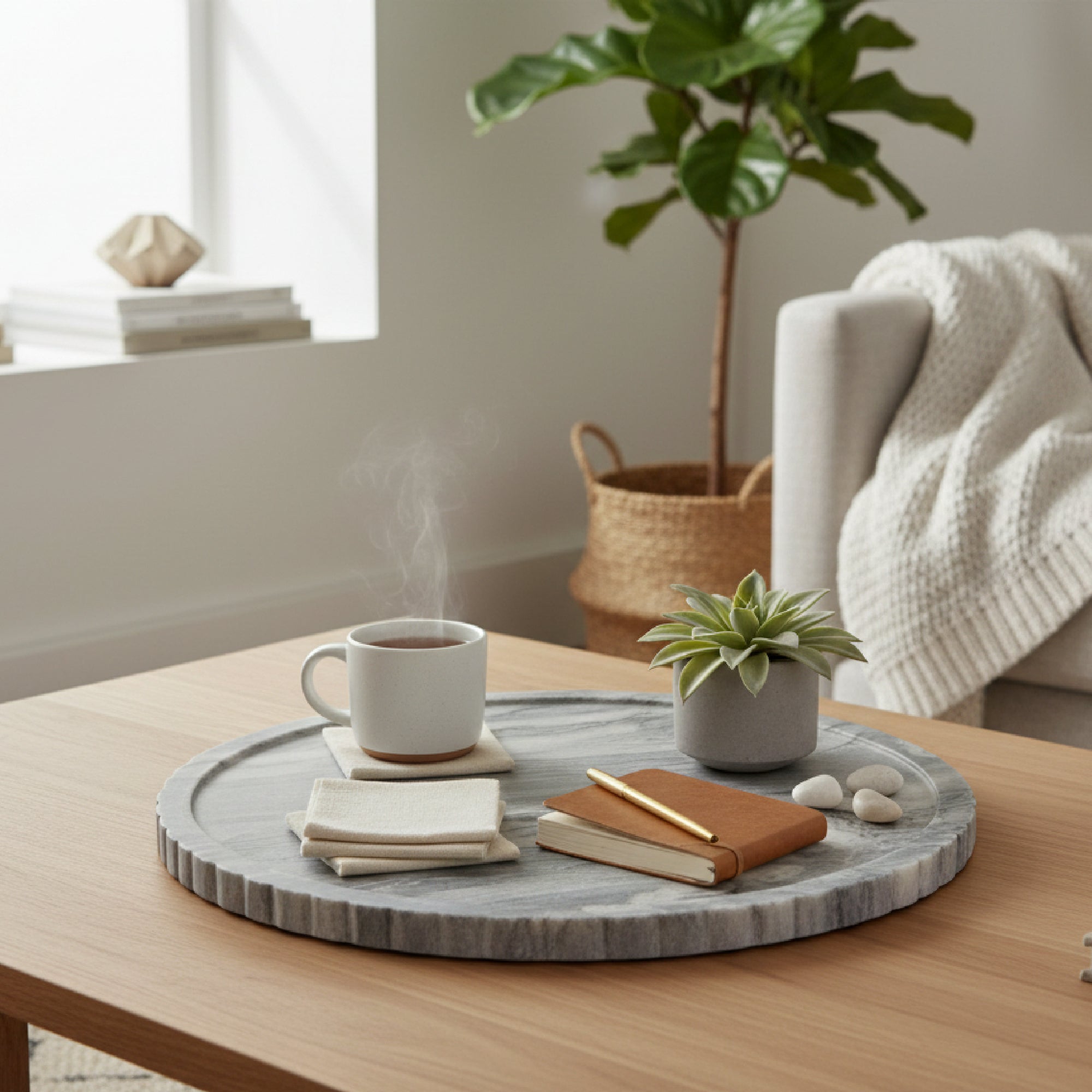 Elora Grey Marble Round Tray with Ribbed Edge