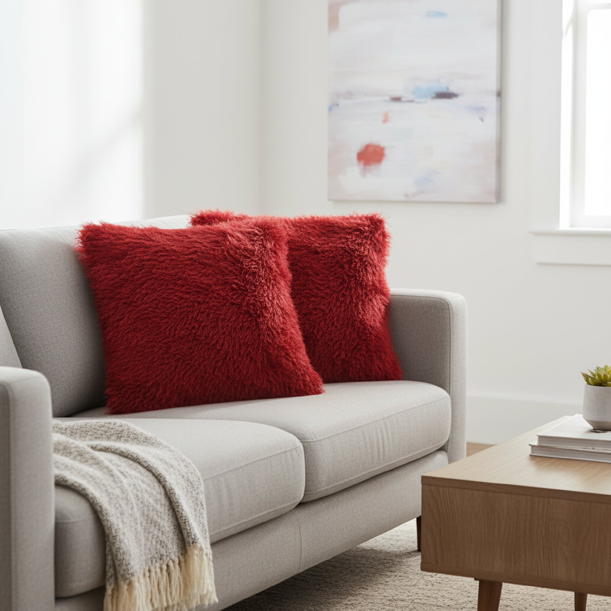 Plush Red Mongolian Fur Throw Pillow, 18" x 18" - Set of 2