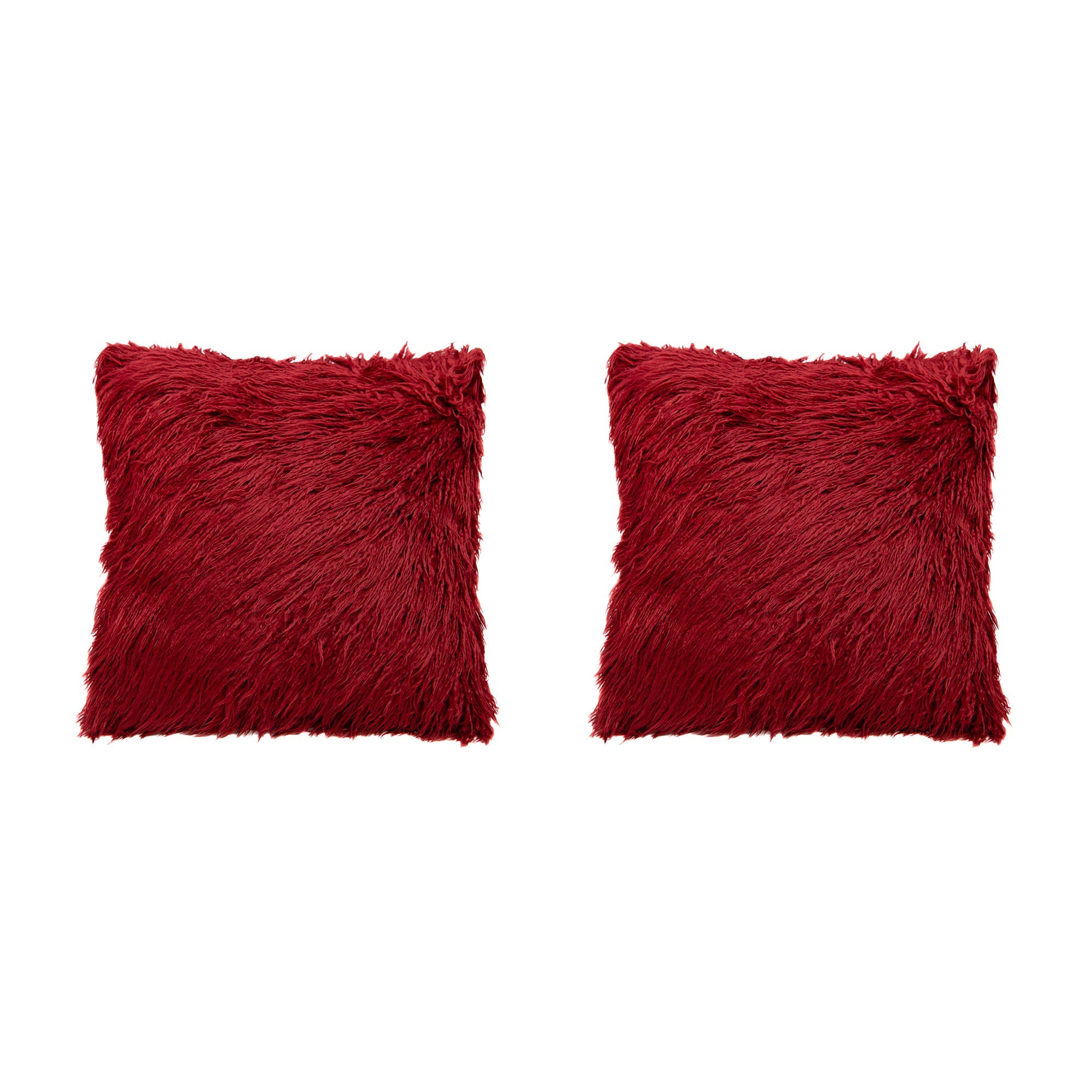 Plush Red Mongolian Fur Throw Pillow, 18" x 18" - Set of 2