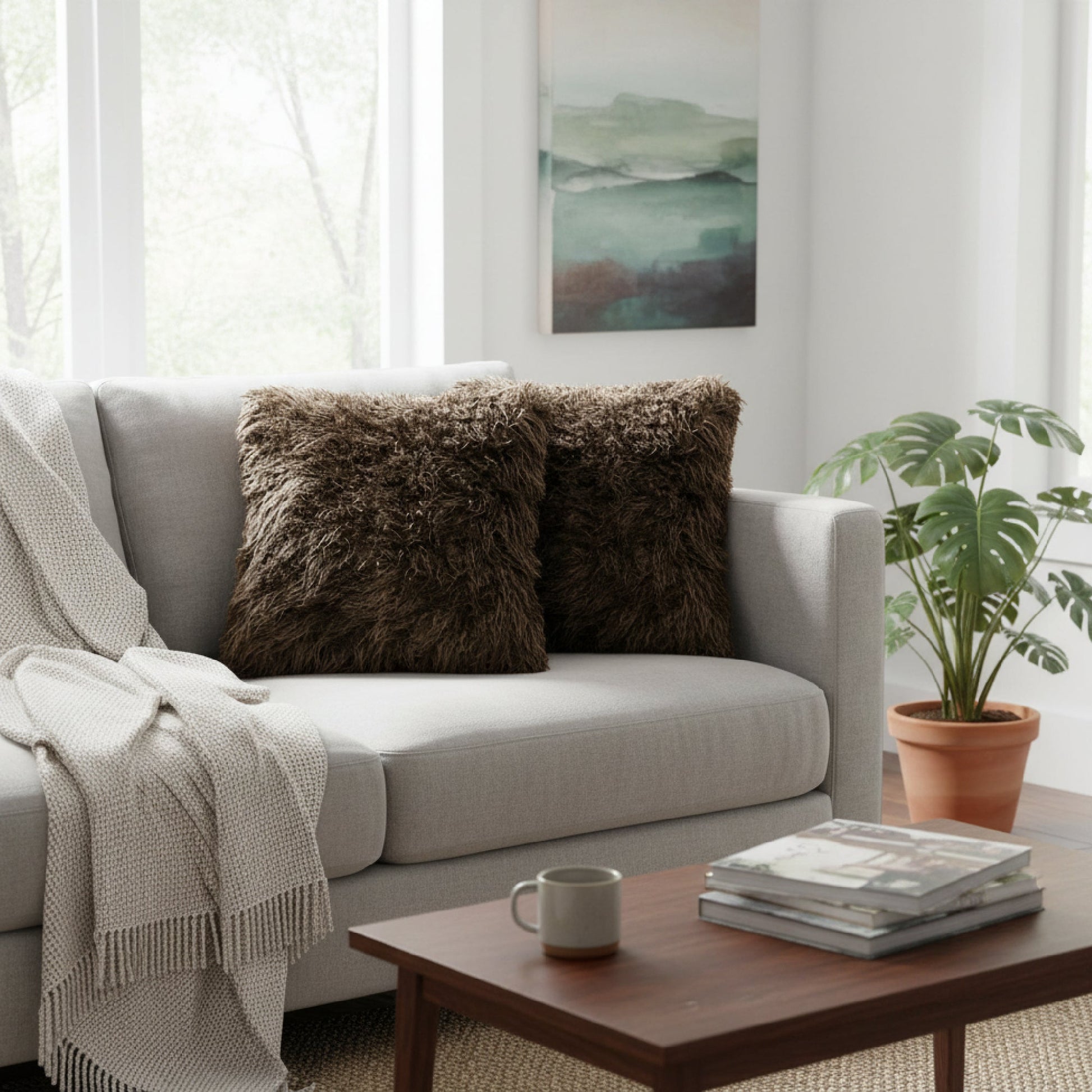 Plush Chocolate Mongolian Fur Throw Pillow, 18" x 18" - Set of 2