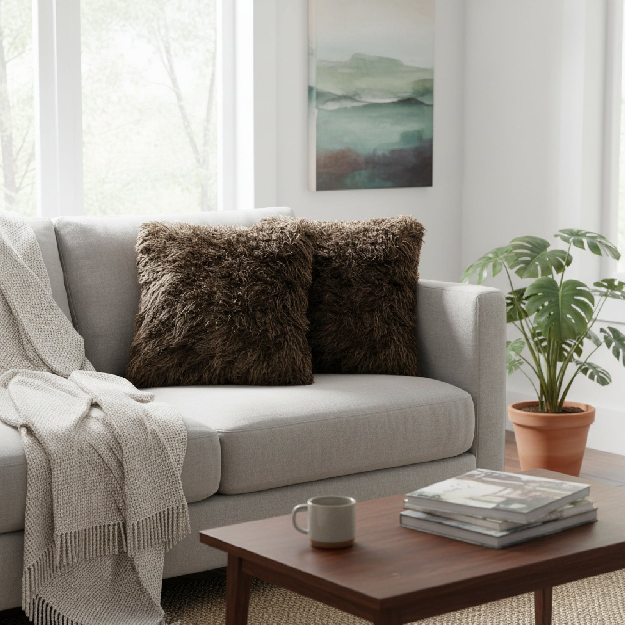 Plush Chocolate Mongolian Fur Throw Pillow, 18" x 18" - Set of 2
