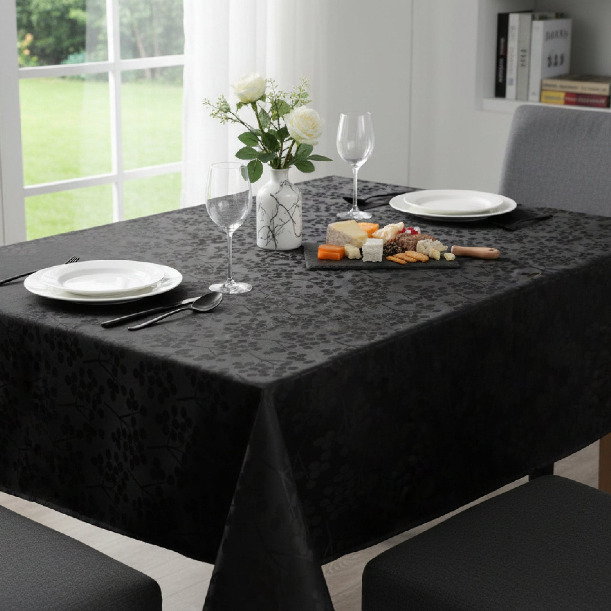 Elegant Black Blossom Print Tablecloth, 52" x 70"