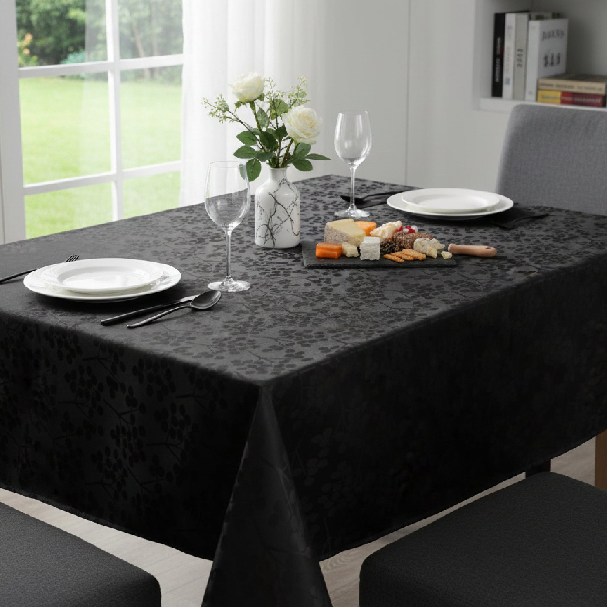 Elegant Black Blossom Print Tablecloth, 52" x 70"