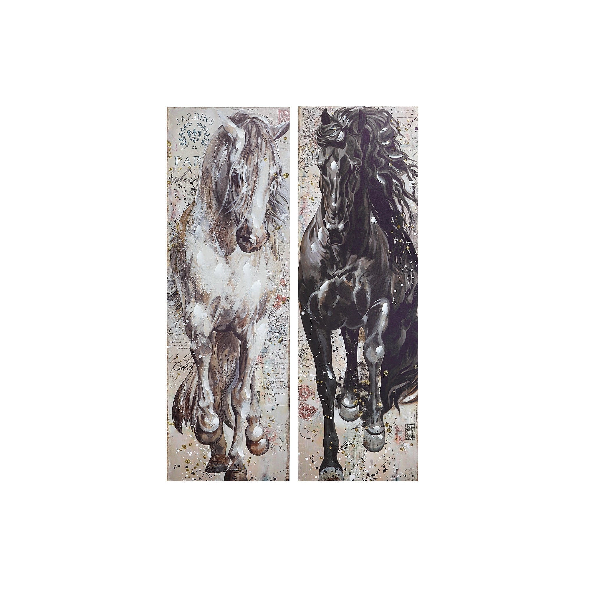 Hand Painted Canvas Wall Art Brazen Horse Decorative Artwork - Set of 2