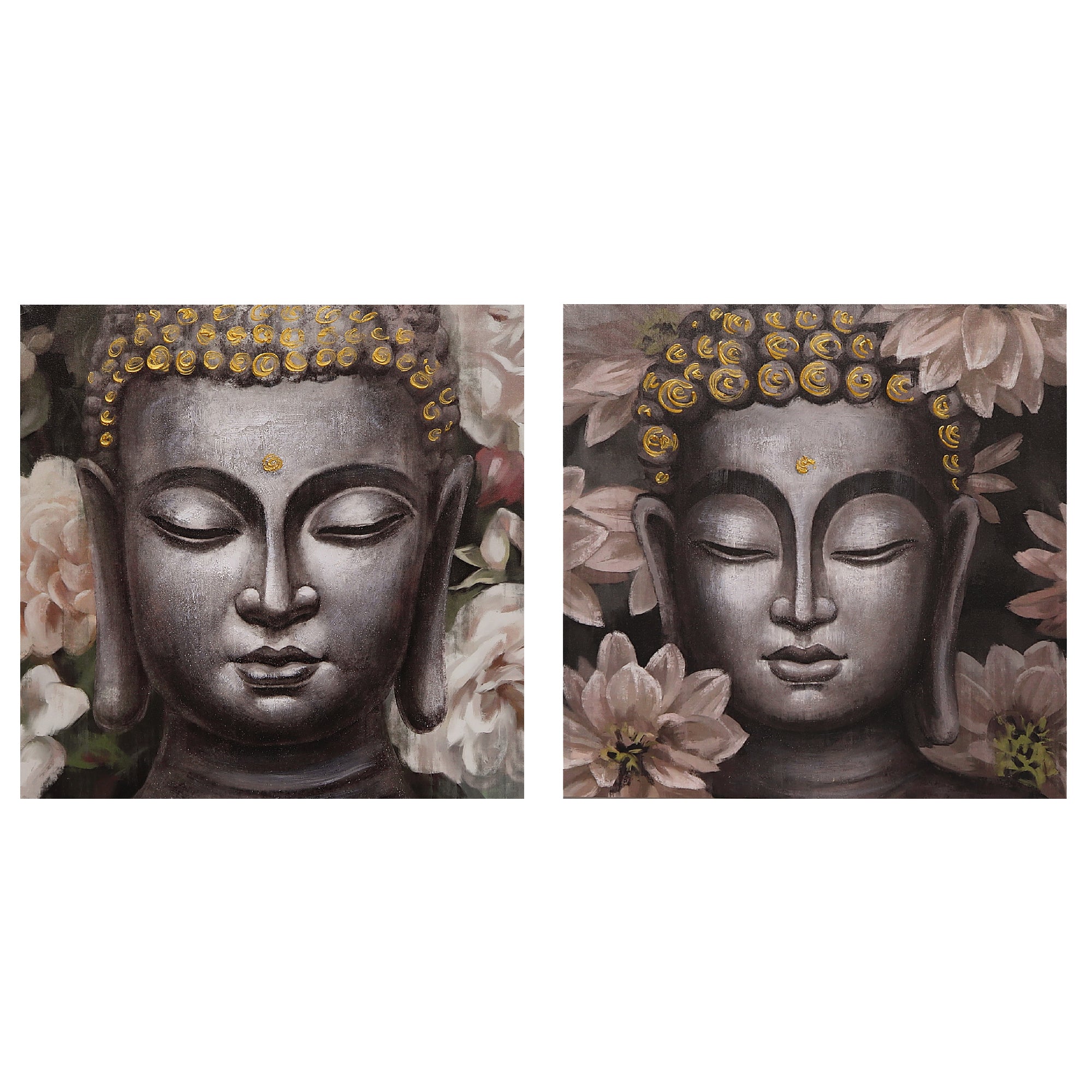 Hand Painted Canvas Wall Art Rosy Buddha Set Of 2, Modern Decorative Wall Accent