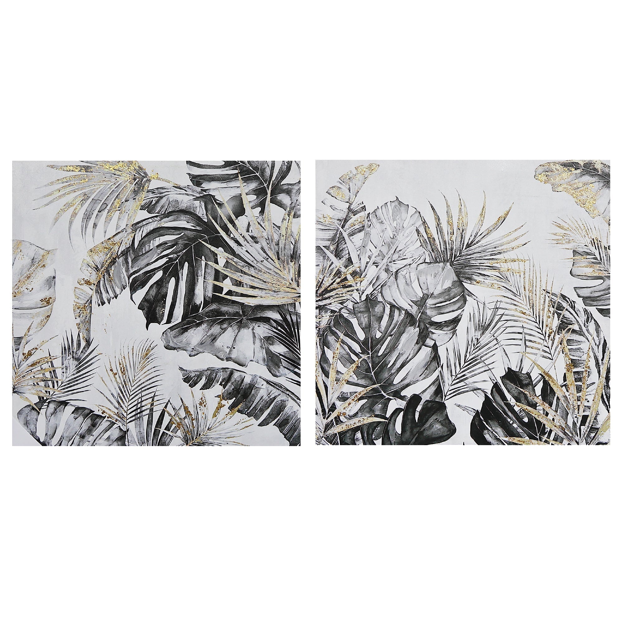 Hand Painted Canvas Wall Art Golden Tropics Set Of 2, Modern Wall Decor, Tropical Home Accent