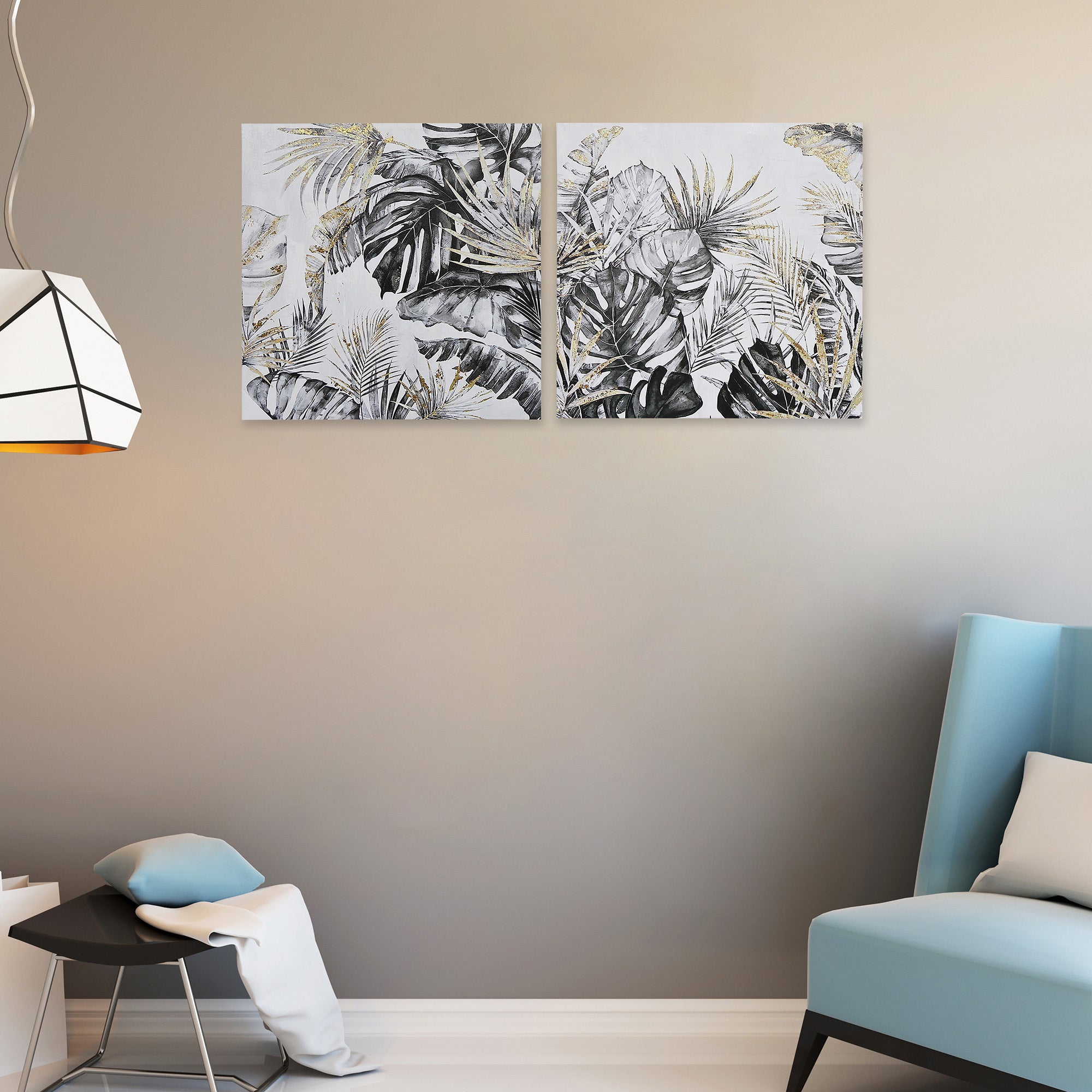 Hand Painted Canvas Wall Art Golden Tropics Set Of 2, Modern Wall Decor, Tropical Home Accent