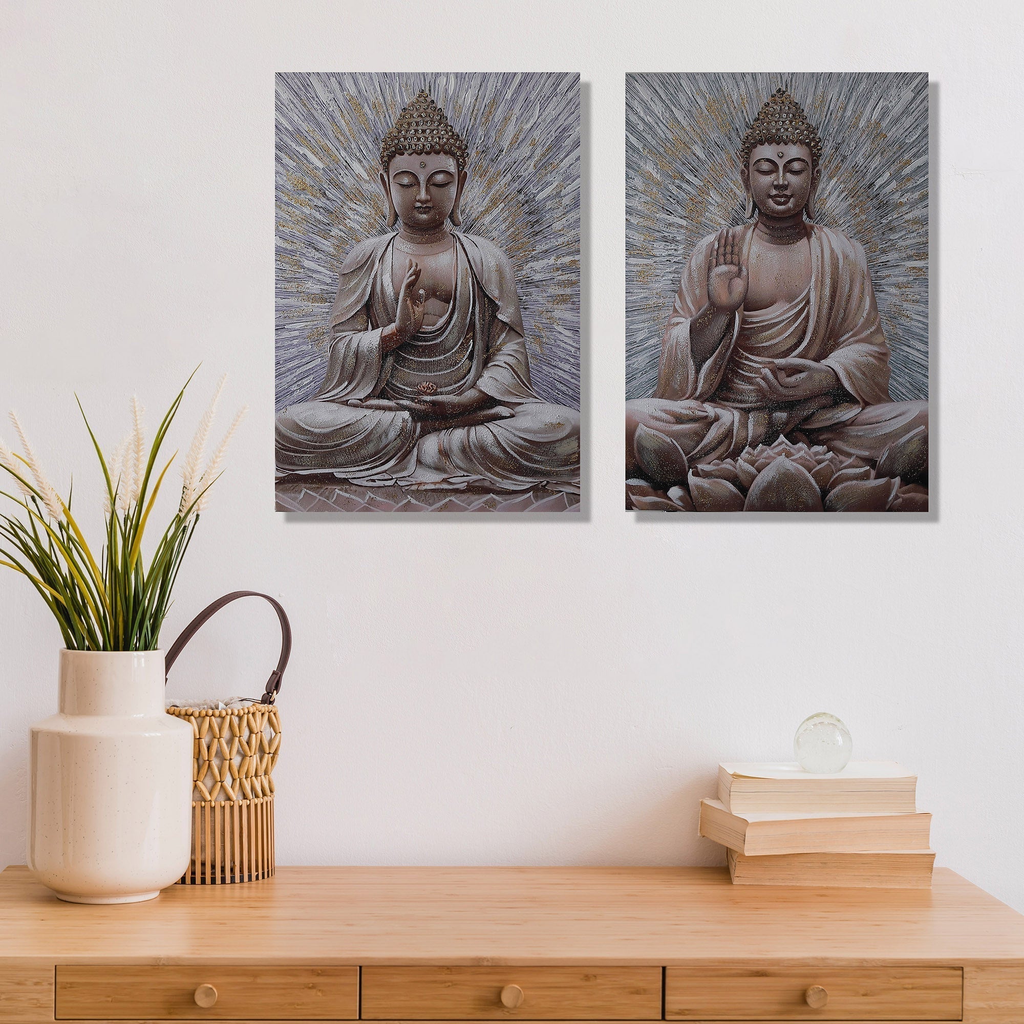 Hand Painted Wall Art Featuring Buddha Design Assorted - Set of 2, Spiritual Wall Decor, Meditation Room Accent, Zen Home Decoration