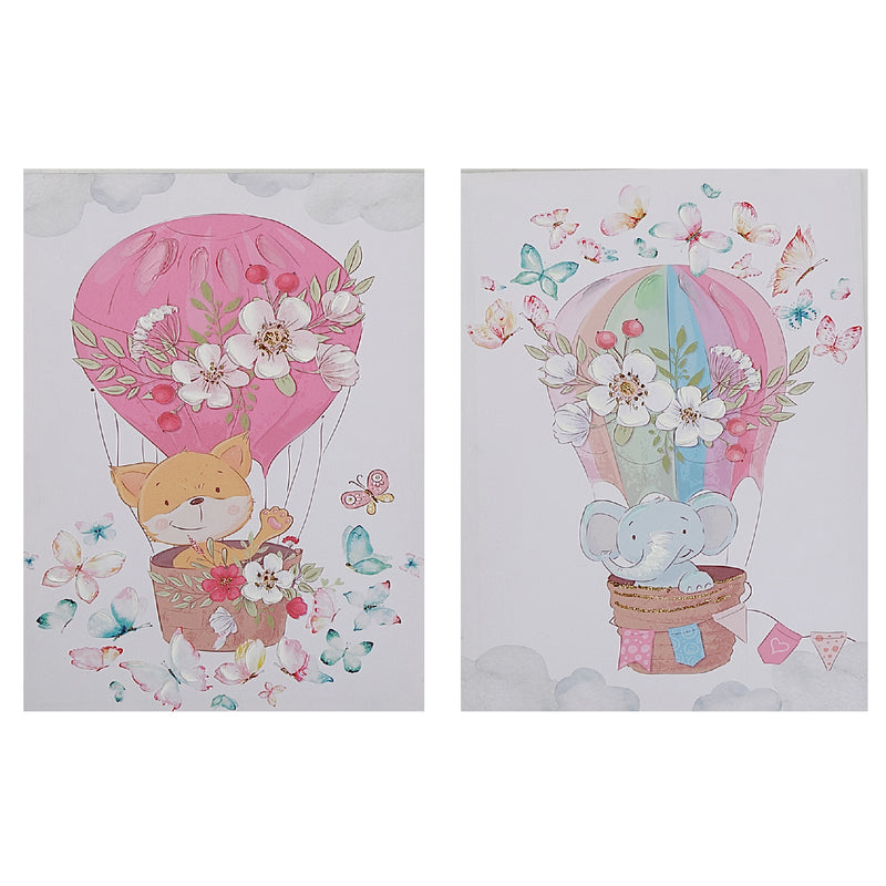 Hand Painted Wall Art Animal With Hot Air Balloon Assorted - Set of 2